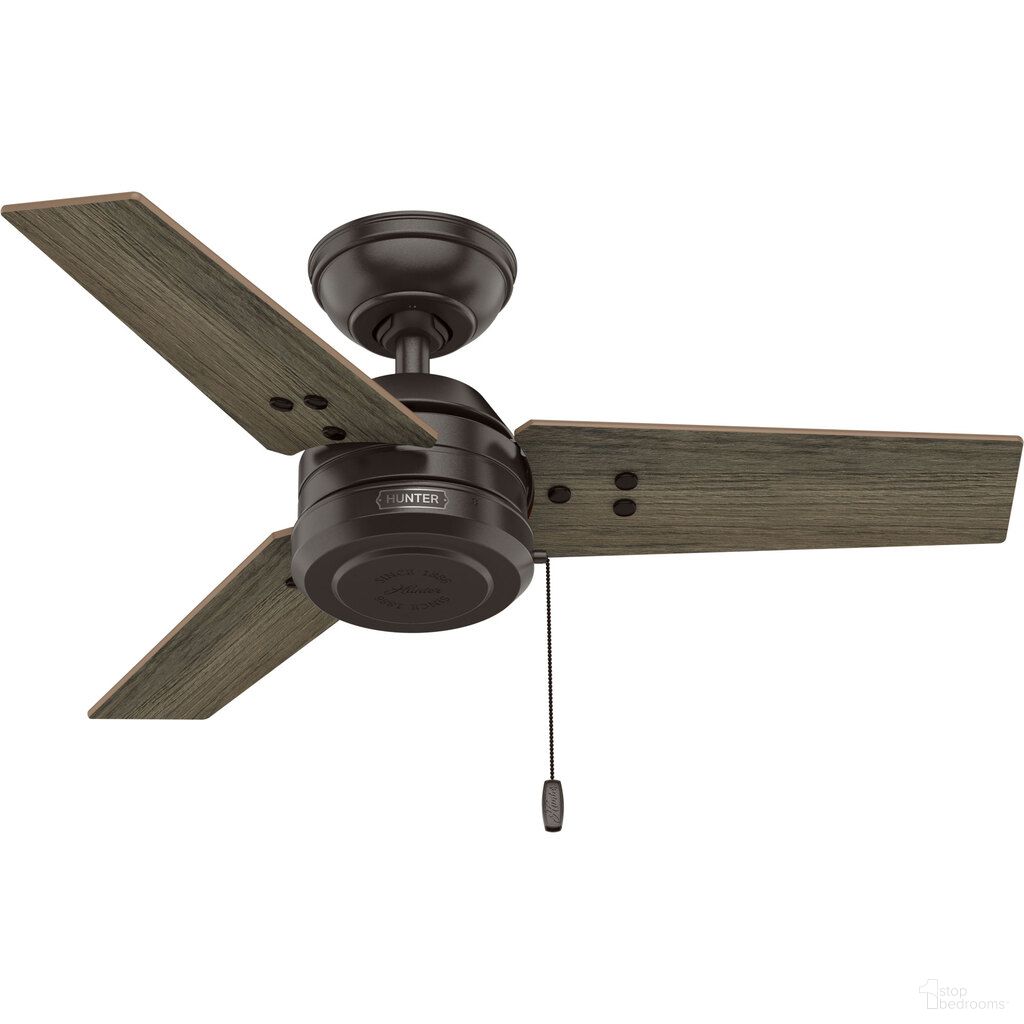 Cassius 36 Inch Damp Rated Ceiling Fan and Pull Chain In Noble Bronze and Warm Grey Oak