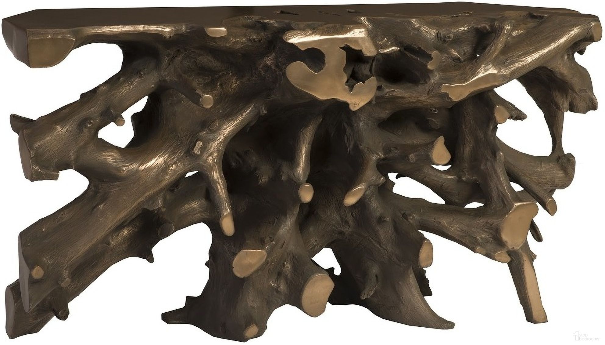 The appearance of Cast Root Console Table In Bronze designed by Phillips Collection in the modern / contemporary interior design. This bronze piece of furniture was selected by 1StopBedrooms from to add a touch of cosiness and style into your home. Sku: PH92550. Material: Resin.