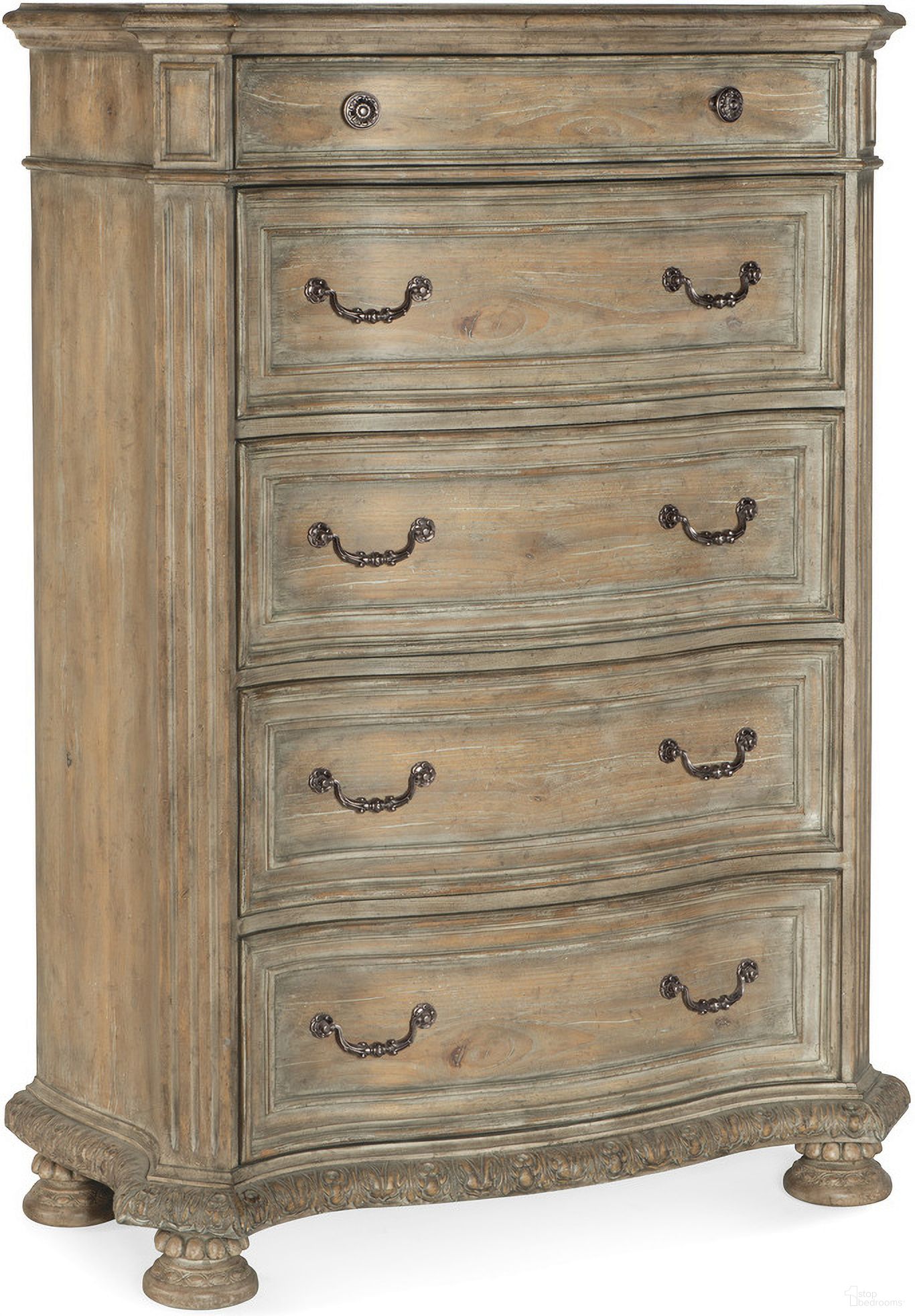 The appearance of Castella Five Drawer Chest designed by Hooker in the traditional interior design. This medium wood piece of furniture was selected by 1StopBedrooms from Castella Collection to add a touch of cosiness and style into your home. Sku: 5878-90010-80. Material: Hickory.