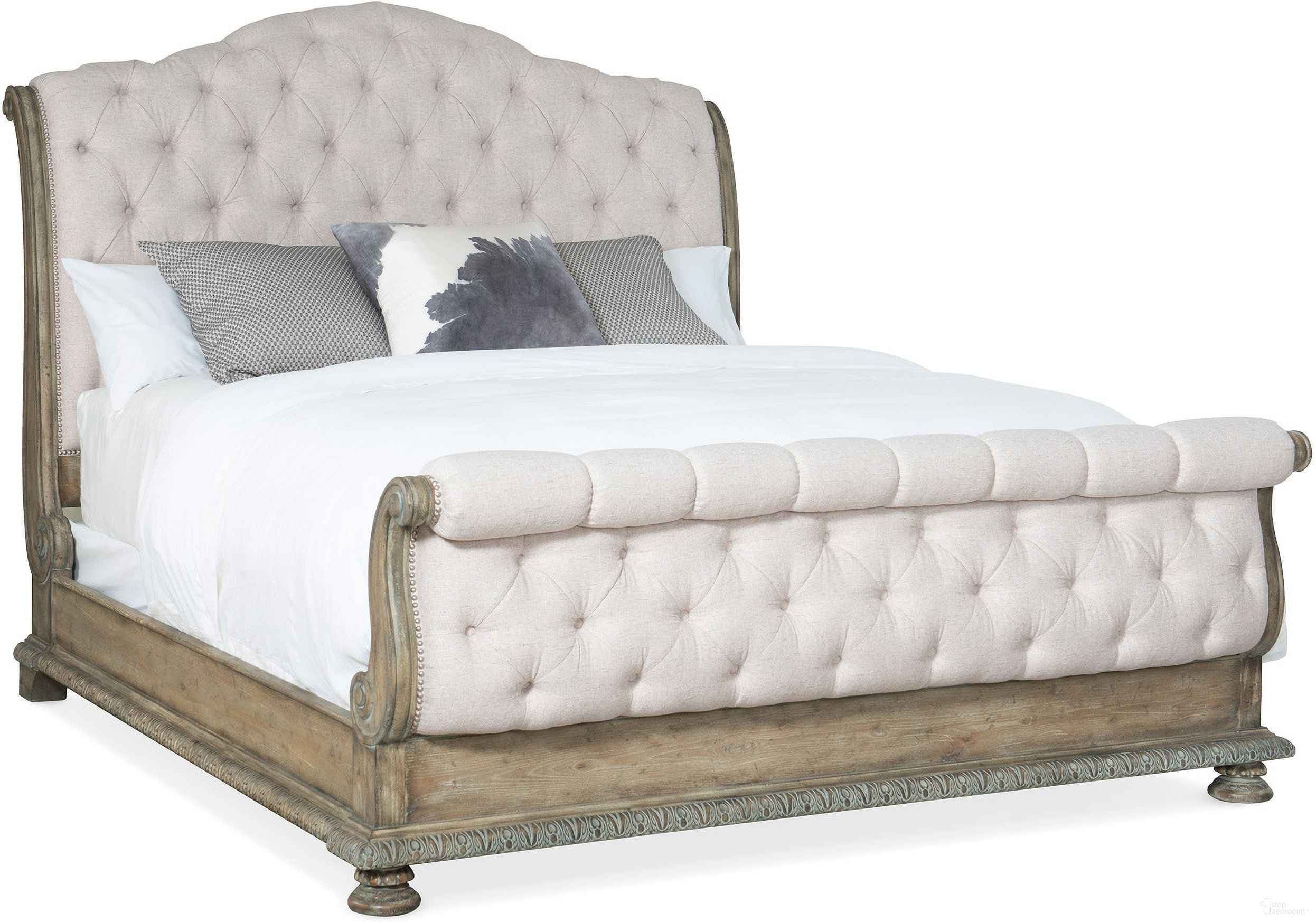 The appearance of Castella King Tufted Bed designed by Hooker in the traditional interior design. This beige piece of furniture  was selected by 1StopBedrooms from Castella Collection to add a touch of cosiness and style into your home. Sku: 5878-90567-80;5878-90568-80;5878-90569-80. Bed Type: Sleigh Bed. Bed Size: King. Material: Veneer.
