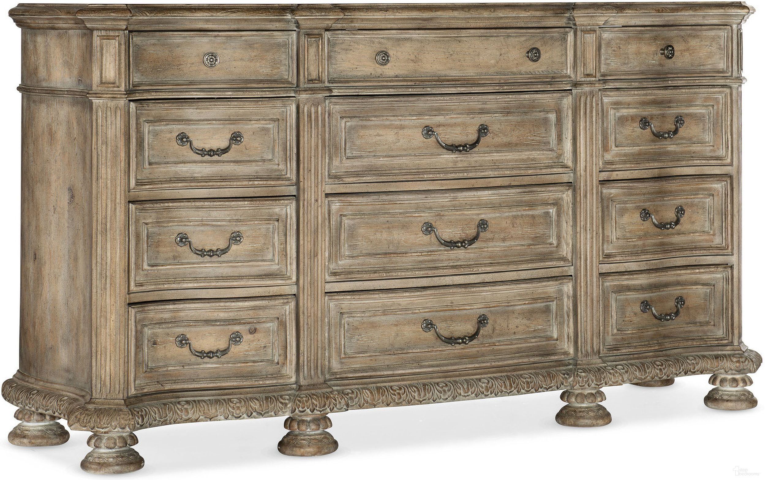 The appearance of Castella Twelve Drawer Dresser designed by Hooker in the traditional interior design. This medium wood piece of furniture was selected by 1StopBedrooms from Castella Collection to add a touch of cosiness and style into your home. Sku: 5878-90002-80. Material: Walnut.