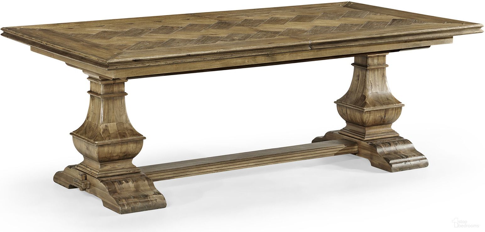 The appearance of Casual Accents Parquet Top Dining Table In Medium Driftwood designed by Jonathan Charles in the transitional interior design. This driftwood piece of furniture was selected by 1StopBedrooms from Casual Collection to add a touch of cosiness and style into your home. Sku: 491169-86L-DTM. Table Base Style: Trestle. Material: Wood. Table Top Shape: Rectangular. Size: 46" x 126".