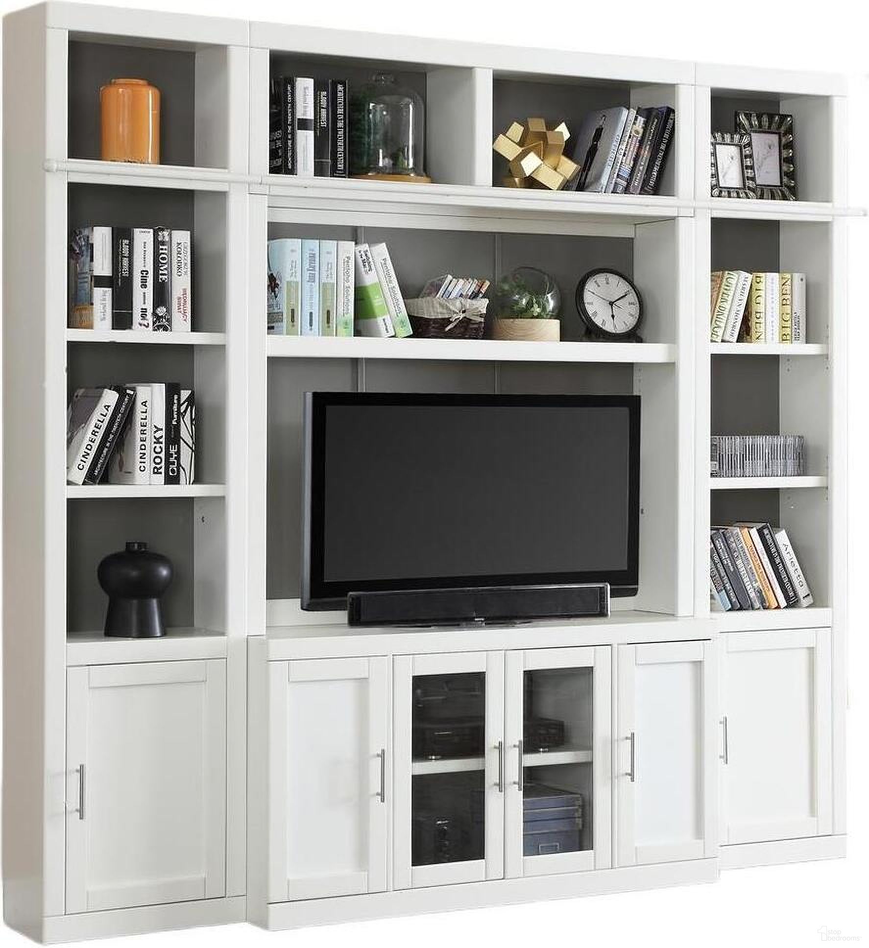 The appearance of Catalina 4 Piece Space Saver Entertainment Wall In White designed by Parker House in the coastal interior design. This white piece of furniture was selected by 1StopBedrooms from Catalina Collection to add a touch of cosiness and style into your home. Sku: CAT#405;CAT#411;CAT#420;CAT#420. Material: Wood Veneer.