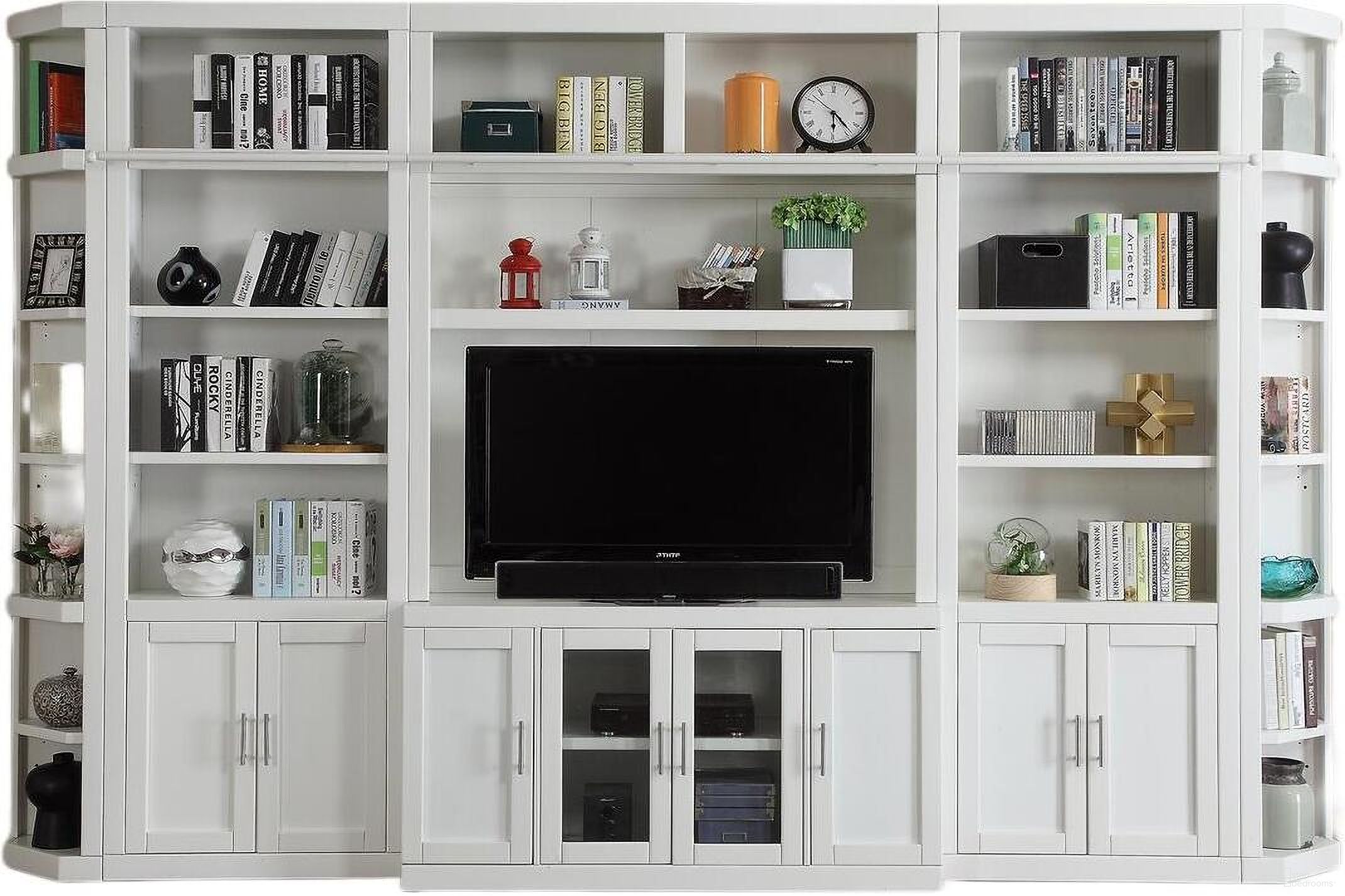 The appearance of Catalina 6 Piece Large Entertainment Wall In White designed by Parker House in the coastal interior design. This white piece of furniture  was selected by 1StopBedrooms from Catalina Collection to add a touch of cosiness and style into your home. Sku: CAT#405;CAT#411;CAT#430;CAT#430;CAT#450;CAT#450. Material: Wood Veneer.