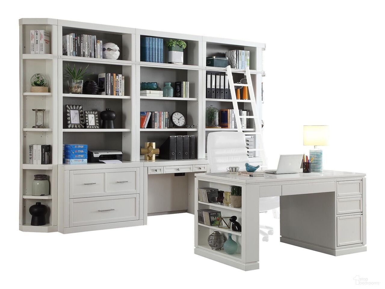 Catalina 8 Piece Library Wall with Writing Desk In Cottage White