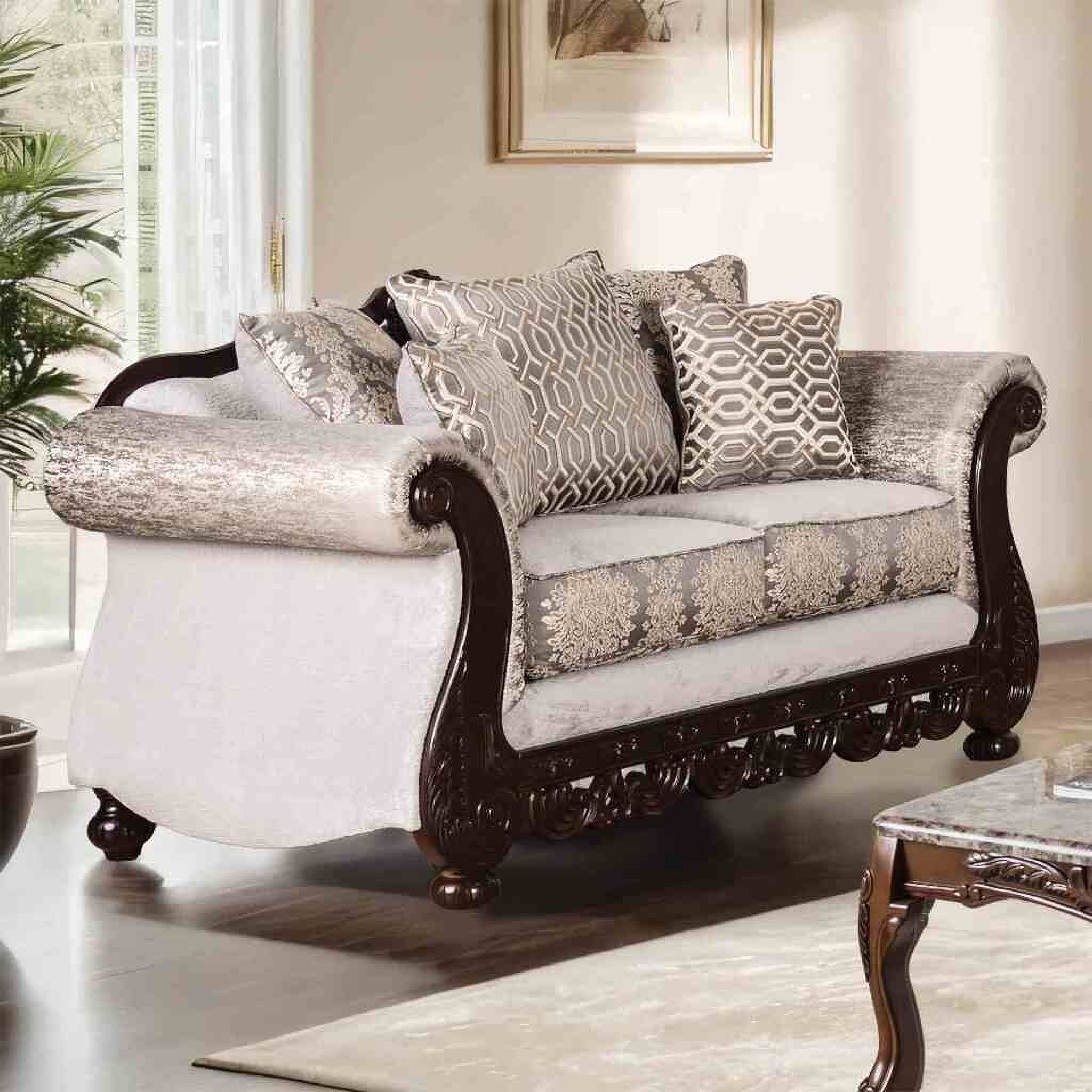 The appearance of Catalonia Loveseat In Beige and Dark Cherry designed by Furniture of America in the traditional interior design. This beige and dark cherry piece of furniture  was selected by 1StopBedrooms from Catalonia Collection to add a touch of cosiness and style into your home. Sku: SM6451-LV. Material: Fabric.
