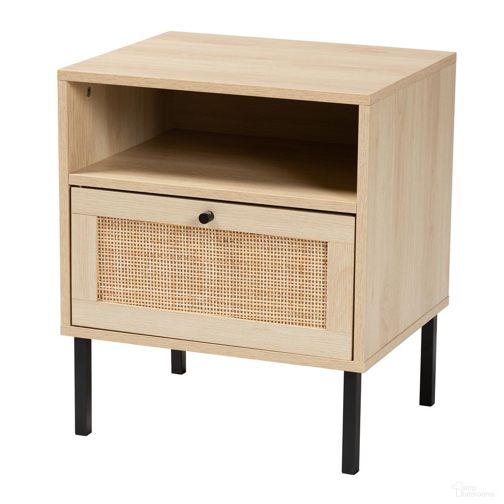 The appearance of Caterina Wood and Natural Rattan 1 Door End Table In Natural Brown and Black designed by Baxton Studio in the transitional interior design. This black and natural piece of furniture  was selected by 1StopBedrooms from Caterina Collection to add a touch of cosiness and style into your home. Sku: WES-2101-Natural/Black-ET. Material: Natural Rattan.