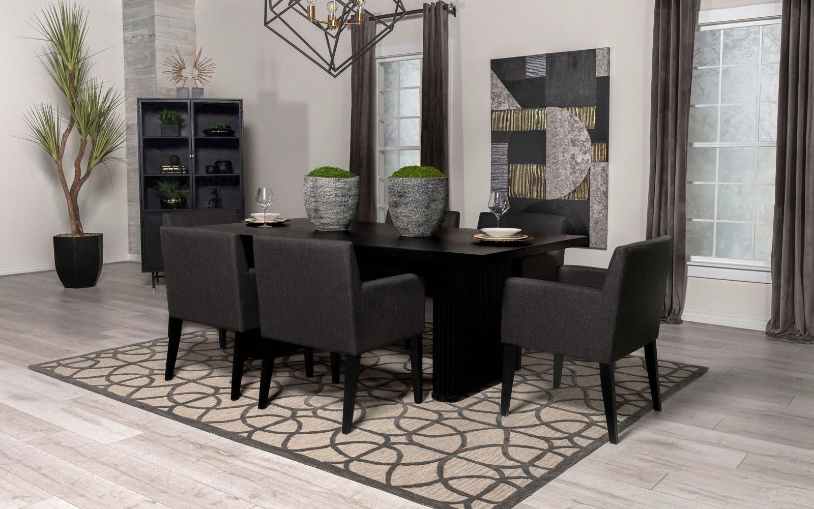 The appearance of Catherine Rectangular Double Pedestal Dining Room Set In Black designed by Coaster in the transitional interior design. This black piece of furniture was selected by 1StopBedrooms from Catherine Collection to add a touch of cosiness and style into your home. Sku: 106251B1;106251B2;106252. Material: Wood. Table Top Shape: Rectangular. Size: 42" x 84".
