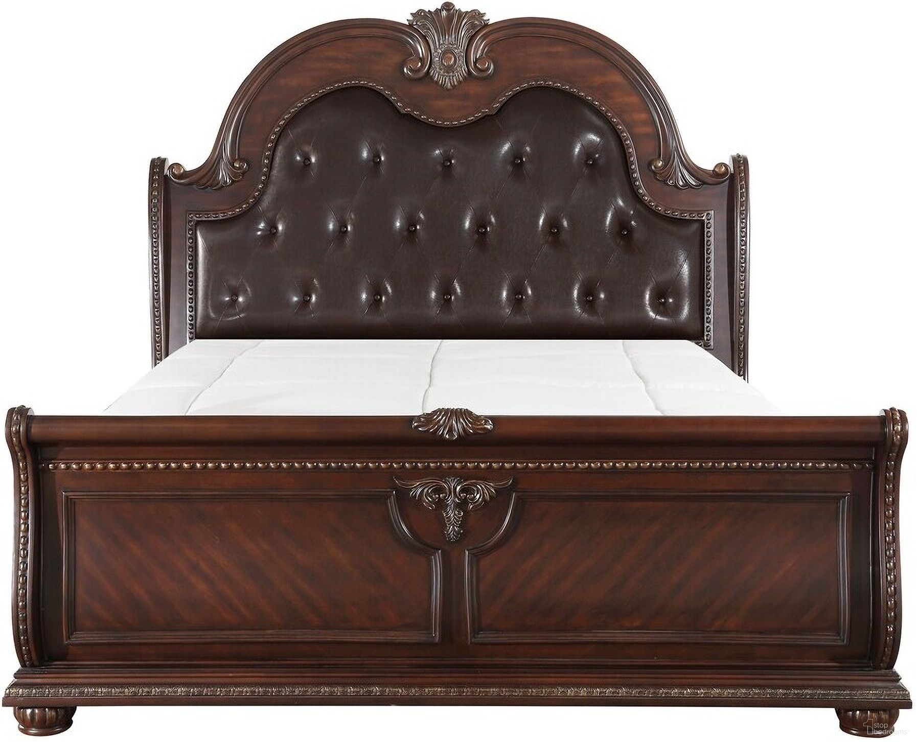The appearance of Cavalier Dark Cherry Queen Sleigh Bed designed by Homelegance in the transitional interior design. This brown piece of furniture was selected by 1StopBedrooms from Cavalier Collection to add a touch of cosiness and style into your home. Sku: 1757-1;1757-2;1757-3;1757-1P. Bed Type: Sleigh Bed. Material: Faux Leather. Bed Size: Queen.