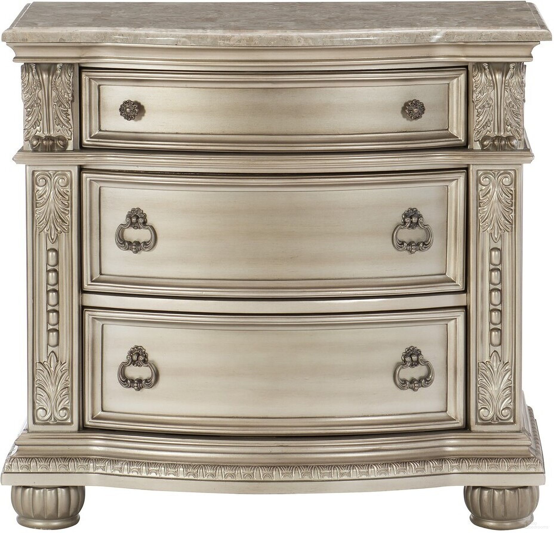 The appearance of Cavalier Silver Nightstand designed by Homelegance in the transitional interior design. This silver piece of furniture was selected by 1StopBedrooms from Cavalier Collection to add a touch of cosiness and style into your home. Sku: 1757SV-4. Material: Wood.