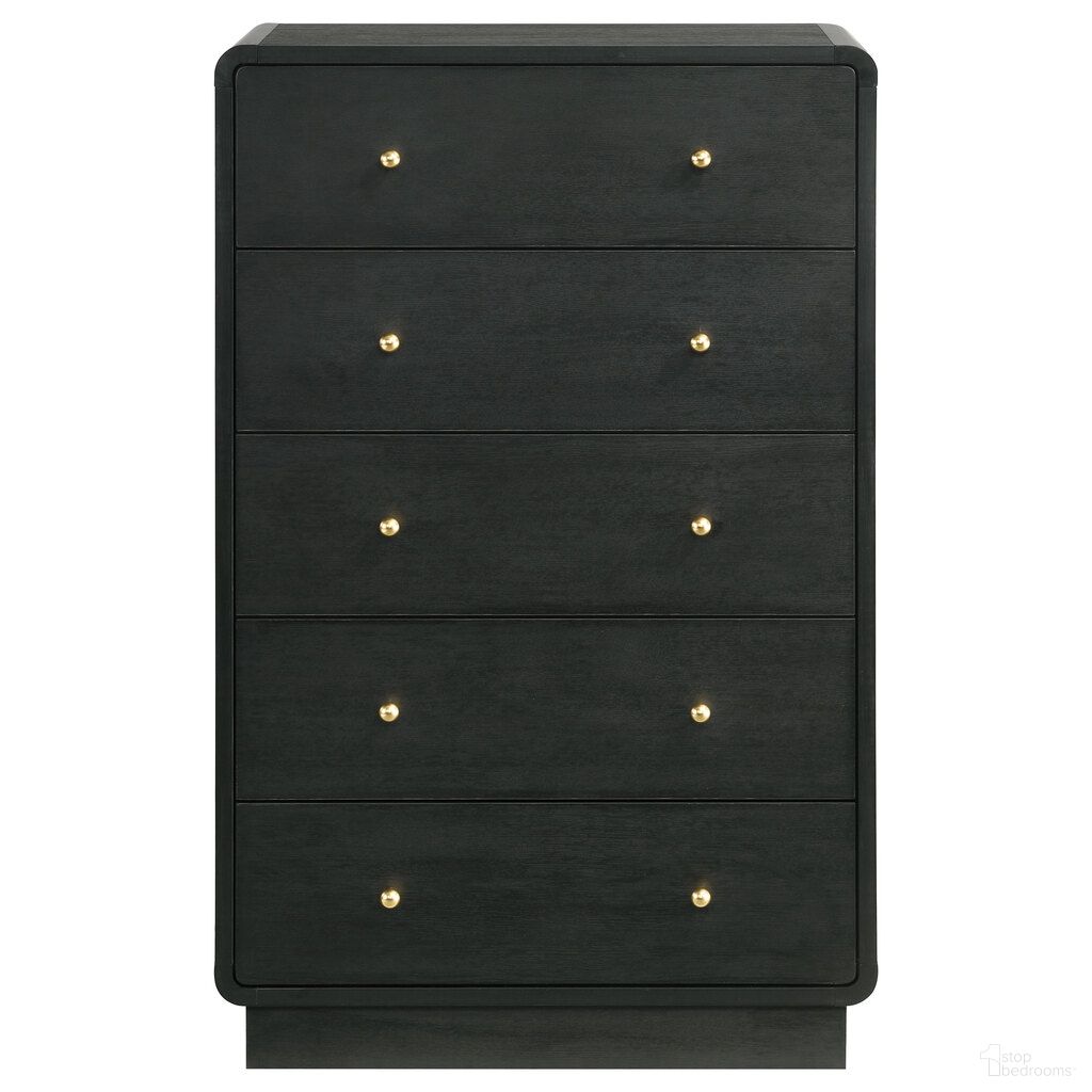 The appearance of Cavelle 5-Drawer Chest of Drawers In Black designed by Coaster in the transitional interior design. This black piece of furniture was selected by 1StopBedrooms from Cavelle Collection to add a touch of cosiness and style into your home. Sku: 223665. Material: Particle Board.