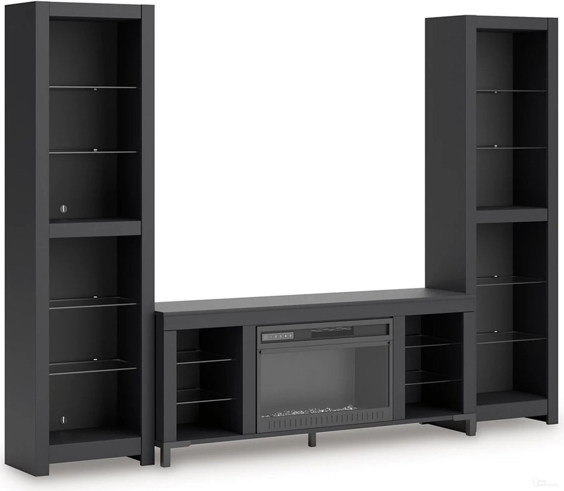 The appearance of Cayberry 3-Piece Entertainment Center with Electric Fireplace In Black designed by Signature Design by Ashley in the modern / contemporary interior design. This black piece of furniture was selected by 1StopBedrooms from Cayberry Collection to add a touch of cosiness and style into your home. Sku: W2721-168;W2721-24;W2721-24. Material: Glass.