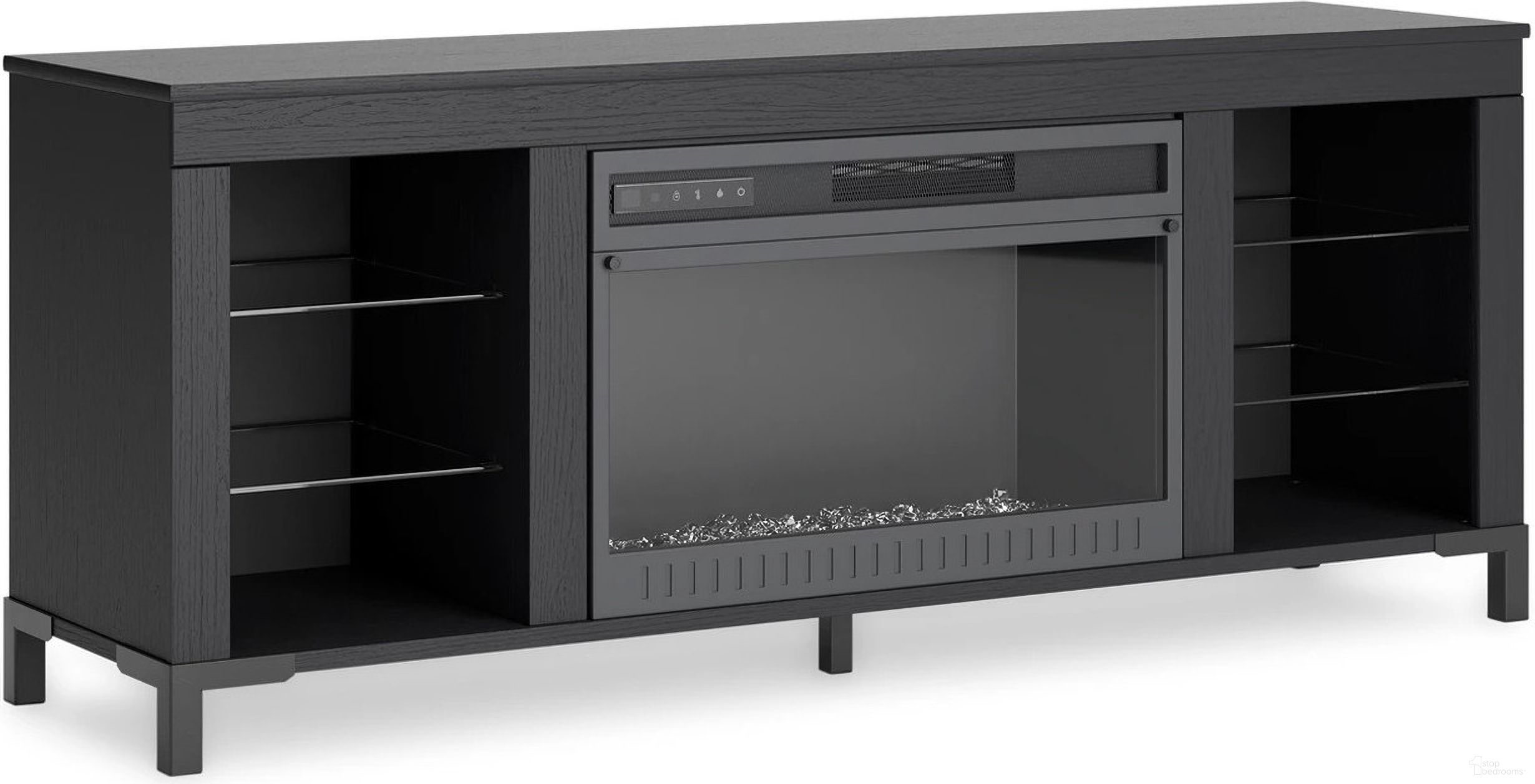 The appearance of Cayberry 60 Inch TV Stand with Electric Fireplace In Black designed by Signature Design by Ashley in the modern / contemporary interior design. This black piece of furniture  was selected by 1StopBedrooms from Cayberry Collection to add a touch of cosiness and style into your home. Sku: W2721-168. Material: Wood.