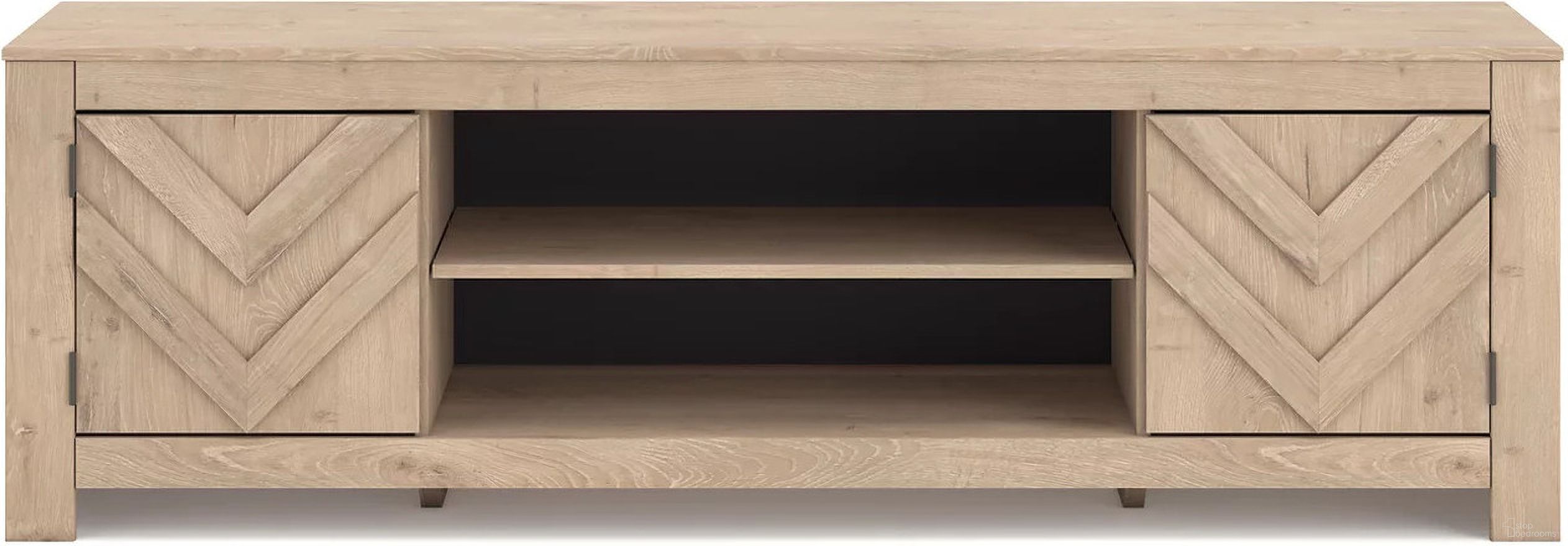 The appearance of Cayboni 71 Inch TV Stand In Tan designed by Signature Design by Ashley in the transitional interior design. This tan piece of furniture was selected by 1StopBedrooms from Cayboni Collection to add a touch of cosiness and style into your home. Sku: W3787-68.