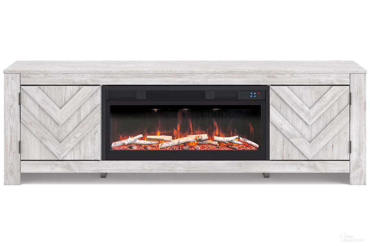 The appearance of Cayboni 71 Inch TV Stand with Electric Fireplace In White Wash designed by Signature Design by Ashley in the transitional interior design. This white wash piece of furniture  was selected by 1StopBedrooms from Cayboni Collection to add a touch of cosiness and style into your home. Sku: W100-703;W3788-68.