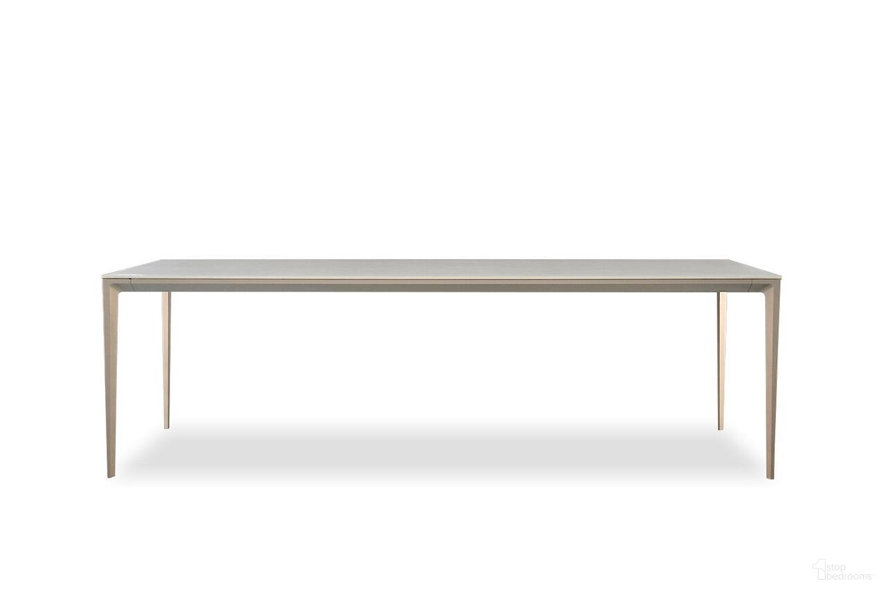 The appearance of Cayman 94 Inch Dining Table Powder Coated Taupe Legs In Travertino designed by Mobital in the transitional interior design. This travertino piece of furniture  was selected by 1StopBedrooms from Cayman Collection to add a touch of cosiness and style into your home. Sku: DTA-CAYM-TRAV-94PCT. Table Base Style: Legs. Material: Aluminum. Table Top Shape: Rectangular. Size: 40" x 94".