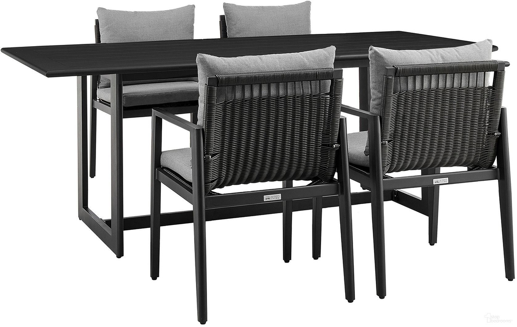The appearance of Cayman Outdoor Patio 5 Piece Dining Table Set In Black designed by Armen Living in the modern / contemporary interior design. This black piece of furniture was selected by 1StopBedrooms from Cayman Collection to add a touch of cosiness and style into your home. Sku: LCCCDISQBL;LCCCCHBL;LCCCCHBL. Table Base Style: Trestle. Material: Aluminum.
