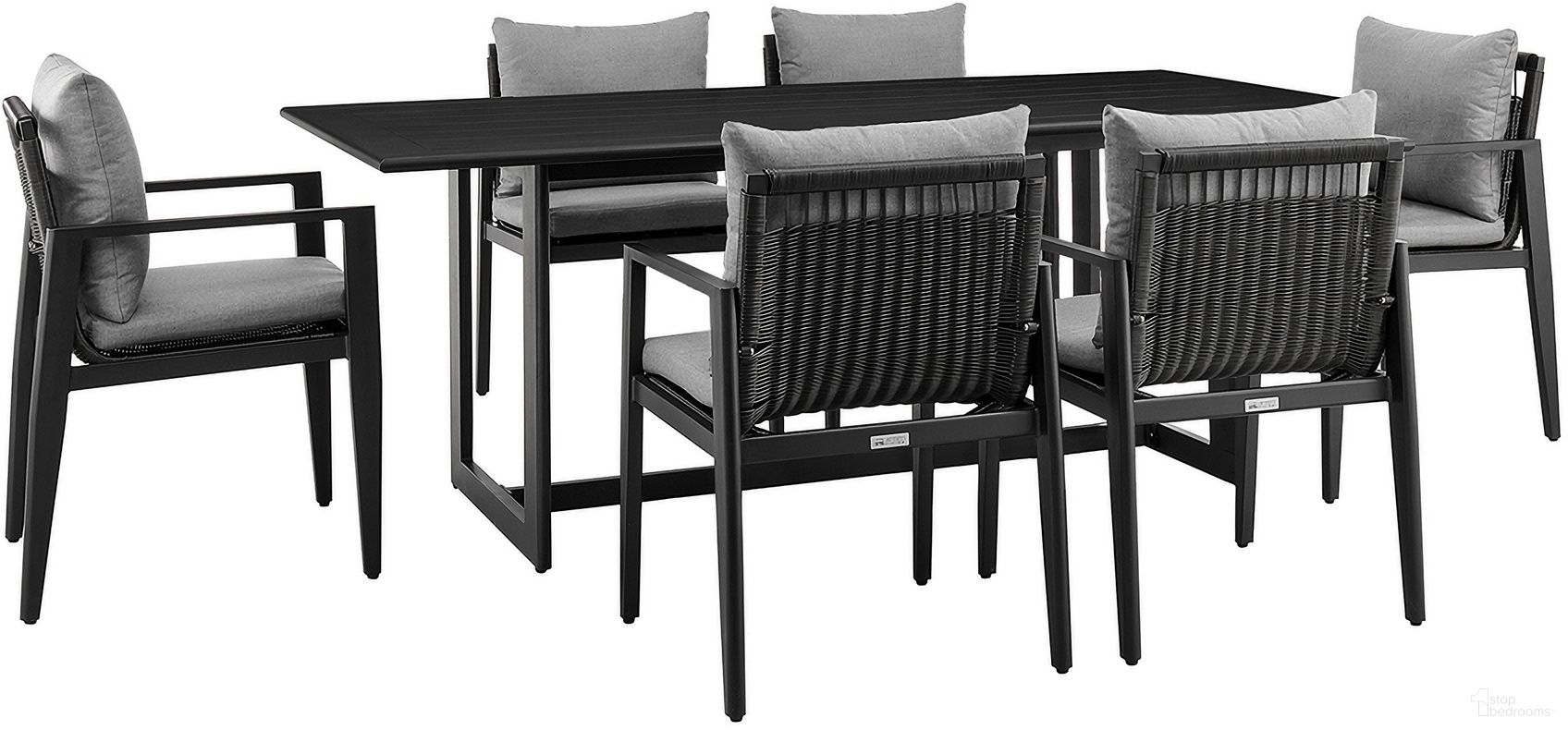 The appearance of Cayman Outdoor Patio 7 Piece Dining Table Set In Black designed by Armen Living in the modern / contemporary interior design. This black piece of furniture was selected by 1StopBedrooms from Cayman Collection to add a touch of cosiness and style into your home. Sku: LCCCDISQBL;LCCCCHBL;LCCCCHBL;LCCCCHBL. Table Base Style: Trestle. Material: Aluminum.
