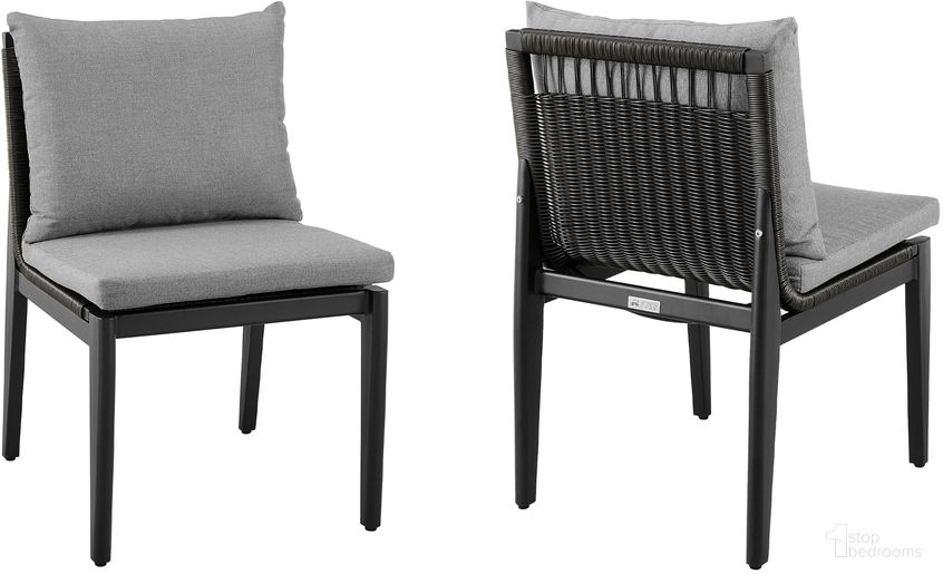 The appearance of Cayman Outdoor Patio Side Chairs Set of 2 In Dark Gray designed by Armen Living in the modern / contemporary interior design. This dark gray piece of furniture was selected by 1StopBedrooms from Cayman Collection to add a touch of cosiness and style into your home. Sku: LCCCSIBL. Material: Aluminum.