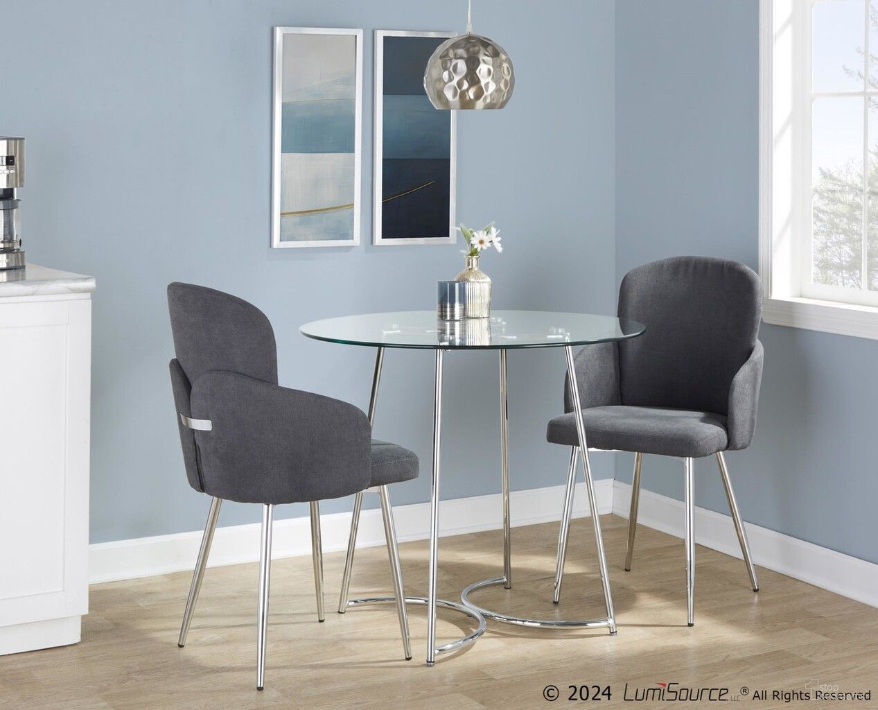 Cece-Dahlia Dining Set with Clear Glass Tabletop Fabric In Grey and Chrome