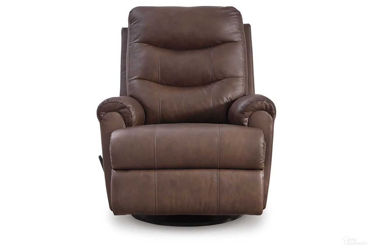 The appearance of Cedarbrooke Swivel Glider Recliner In Espresso designed by Signature Design by Ashley in the modern / contemporary interior design. This espresso piece of furniture  was selected by 1StopBedrooms from Cedarbrooke Collection to add a touch of cosiness and style into your home. Sku: NCU1340061. Material: Leather Match.