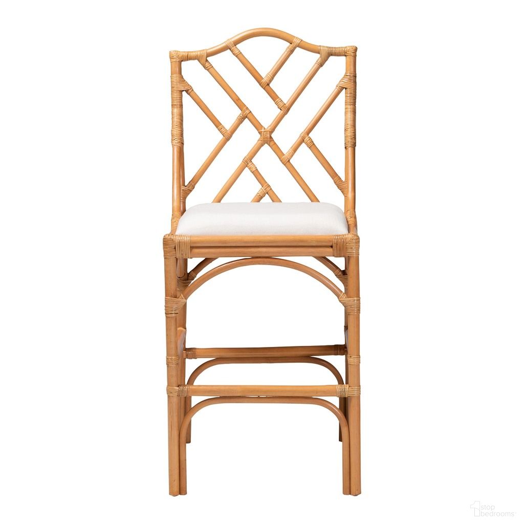 Cedric Natural Rattan Bar Stool with Cushioned Seat In Light Honey and White