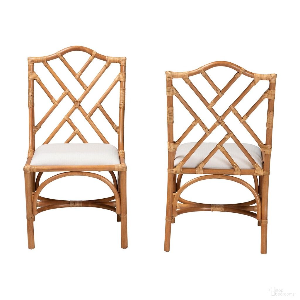 Cedric Natural Rattan Dining Chair Set of 2 with Cushioned Seat In Light Honey and White