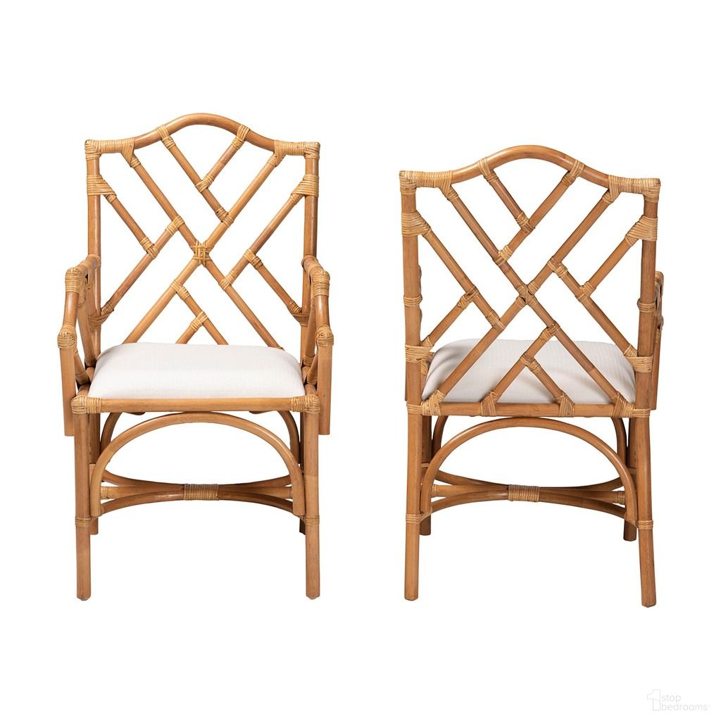 Cedric Natural Rattan Dining Chair Set of 2 with Cushioned Seat In Light Honey and White