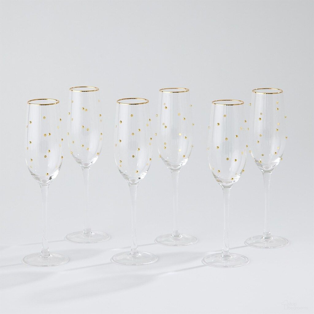 Celebration Champagne Glasses Set of 6 In Clear and Gold