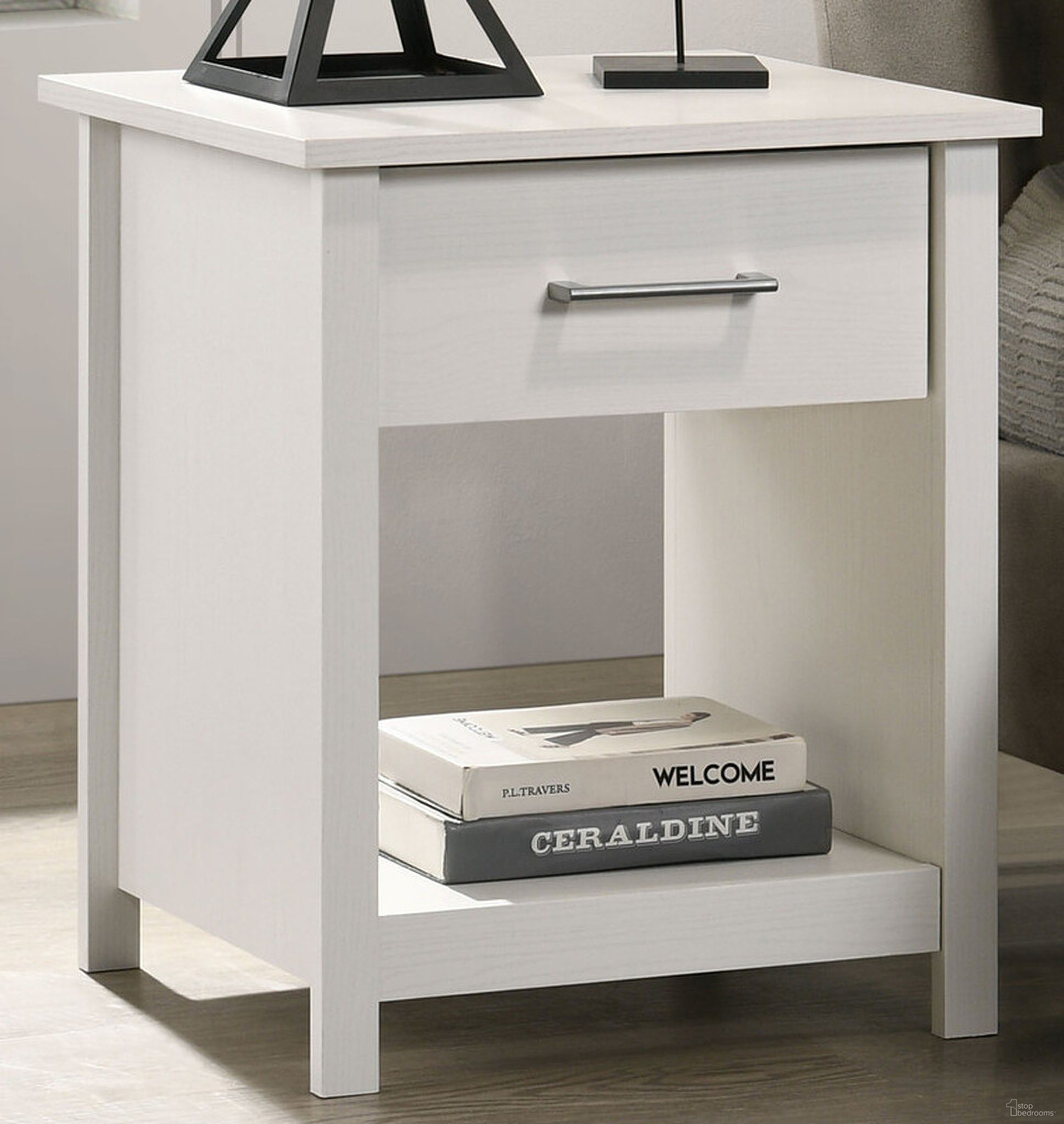 The appearance of Celeste 20 Inch 1-Drawer Nightstand Bedside Table In White designed by Lilola Home in the modern / contemporary interior design. This white piece of furniture was selected by 1StopBedrooms from Celeste Collection to add a touch of cosiness and style into your home. Sku: 58903NS. Material: Particle Board.