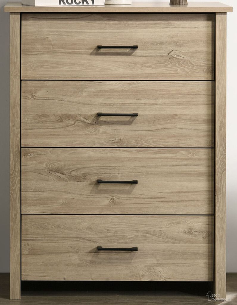 The appearance of Celeste 32 Inch 4-Drawer Chest with Black Handles In Light Oak designed by Lilola Home in the modern / contemporary interior design. This light oak piece of furniture was selected by 1StopBedrooms from Celeste Collection to add a touch of cosiness and style into your home. Sku: 58904CH. Material: Particle Board.