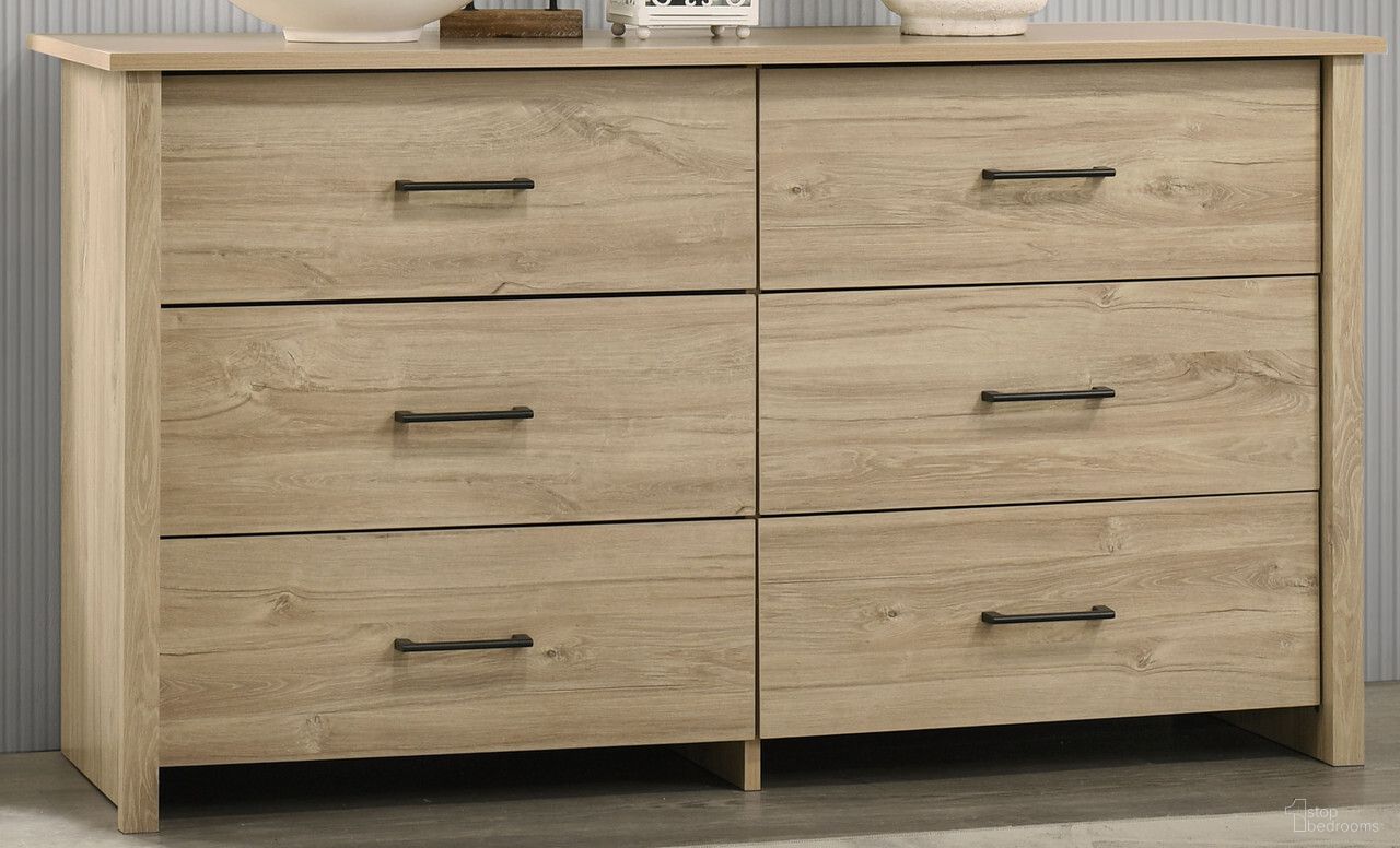 The appearance of Celeste 57 Inch 6-Drawer Dresser with Black Handles In Light Oak designed by Lilola Home in the modern / contemporary interior design. This light oak piece of furniture was selected by 1StopBedrooms from Celeste Collection to add a touch of cosiness and style into your home. Sku: 58904DR. Material: Particle Board.