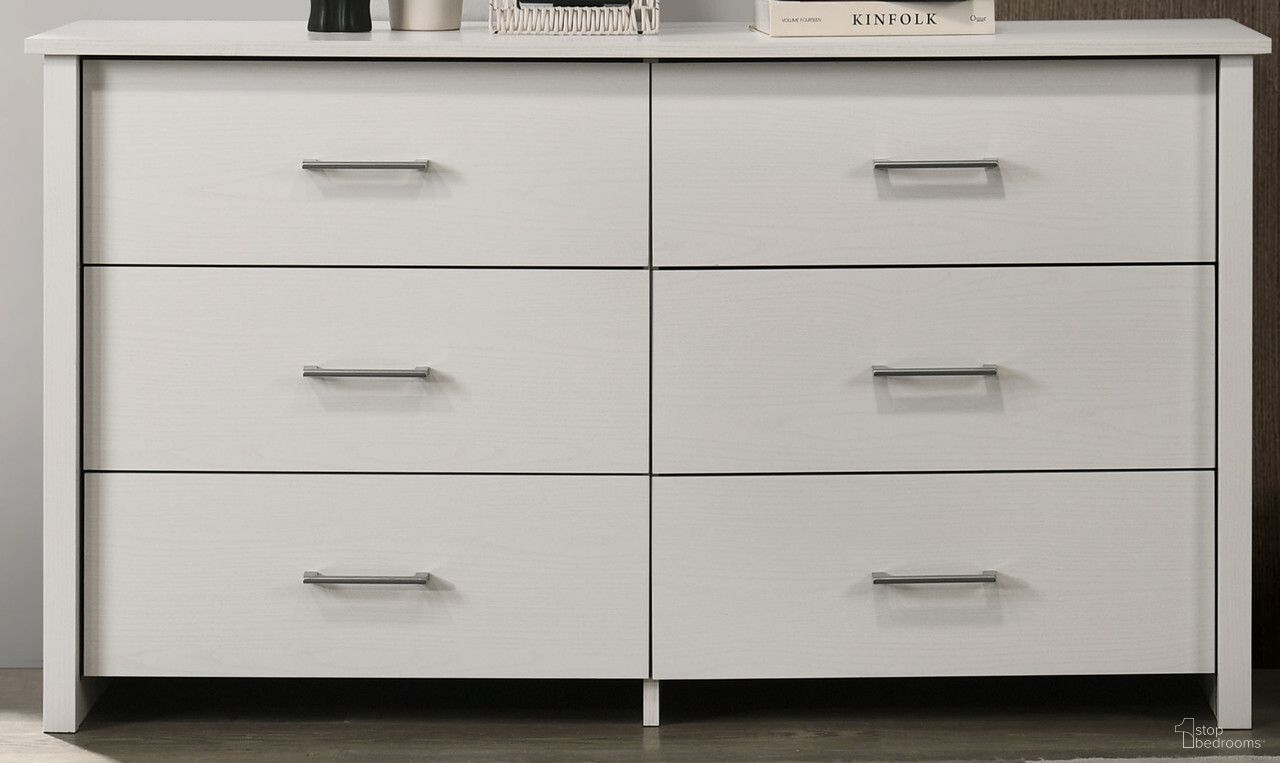 The appearance of Celeste 57 Inch 6-Drawer Dresser with Silver Handles In White designed by Lilola Home in the modern / contemporary interior design. This white piece of furniture was selected by 1StopBedrooms from Celeste Collection to add a touch of cosiness and style into your home. Sku: 58903DR. Material: Particle Board.