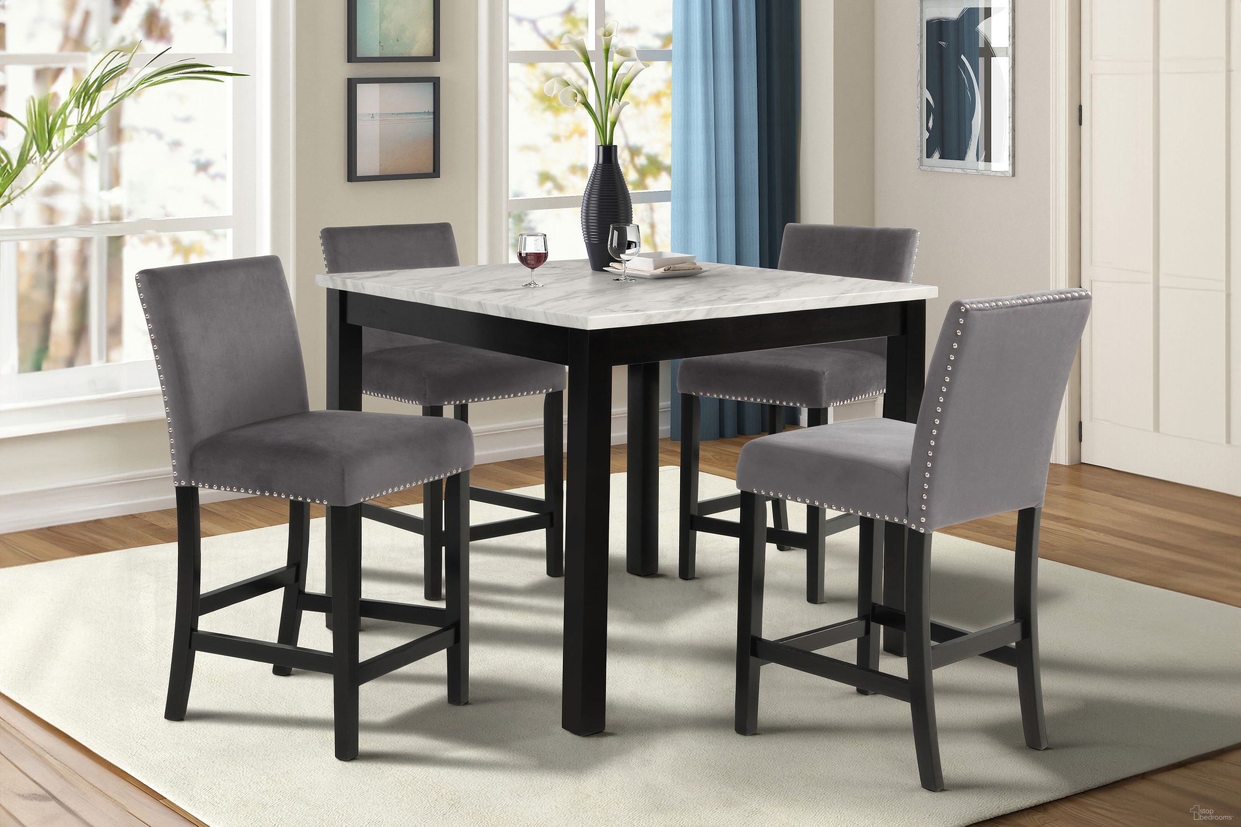 The appearance of Celeste 5 Piece 42 Inch Marble Finish Counter Table and 4 Chairs In Gray designed by New Classic in the modern / contemporary interior design. This gray piece of furniture was selected by 1StopBedrooms from Celeste Collection to add a touch of cosiness and style into your home. Sku: D400-52S-GRY. Material: Faux Marble.
