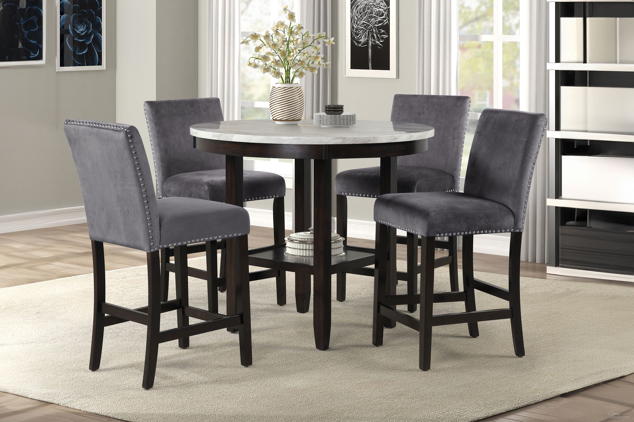 The appearance of Celeste Faux Marble Round Counter Height Dining Room Set In Espresso designed by New Classic in the modern / contemporary interior design. This espresso piece of furniture was selected by 1StopBedrooms from Celeste Collection to add a touch of cosiness and style into your home. Sku: D400-12;D400-22-GRY. Table Top Shape: Round. Material: Wood. Size: 42".