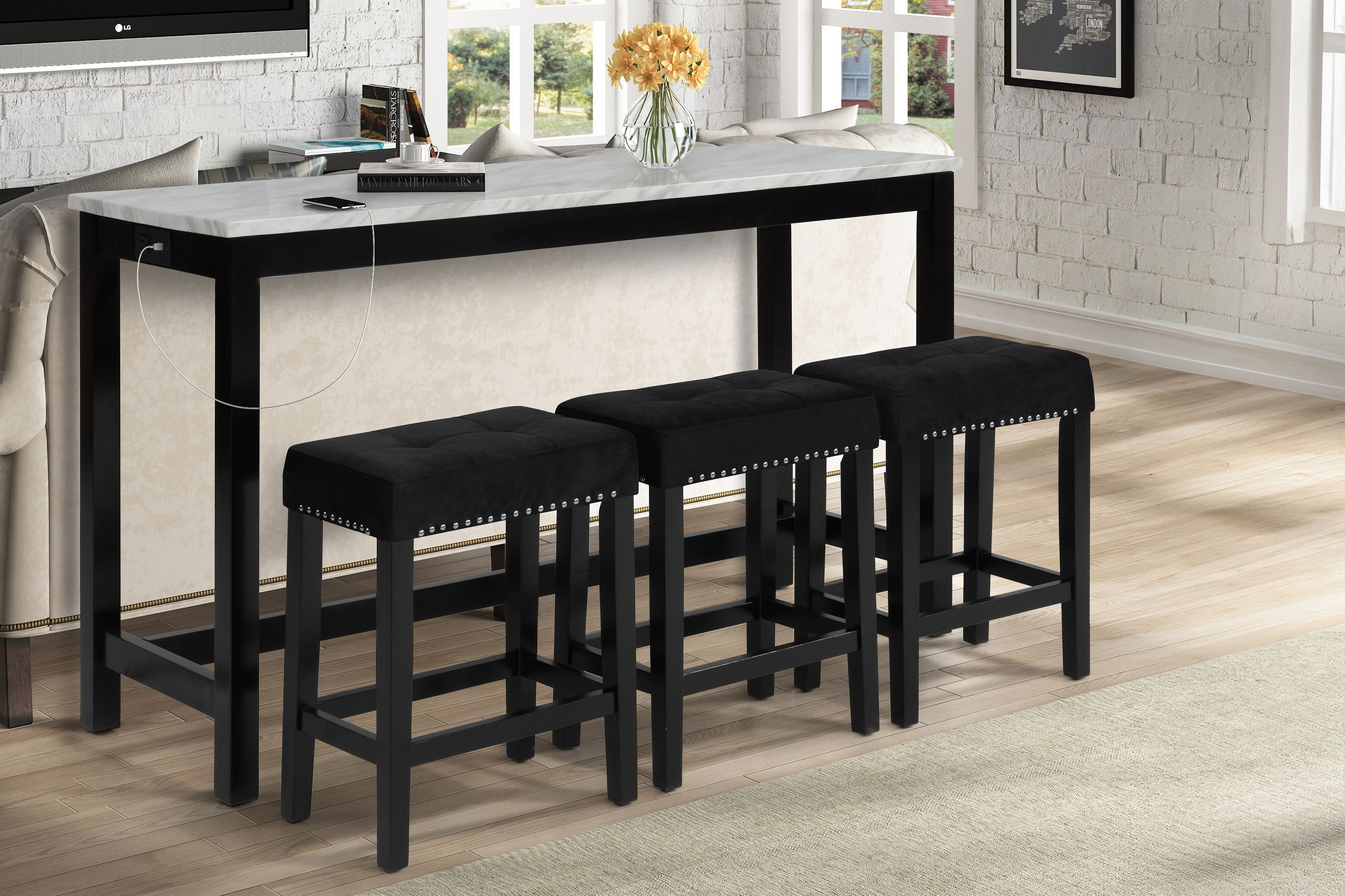 The appearance of Celeste Theater Bar Table with 3 Stools In Black designed by New Classic in the modern / contemporary interior design. This black piece of furniture was selected by 1StopBedrooms from Celeste Collection to add a touch of cosiness and style into your home. Sku: D400-B3S-BLK. Material: Faux Marble.