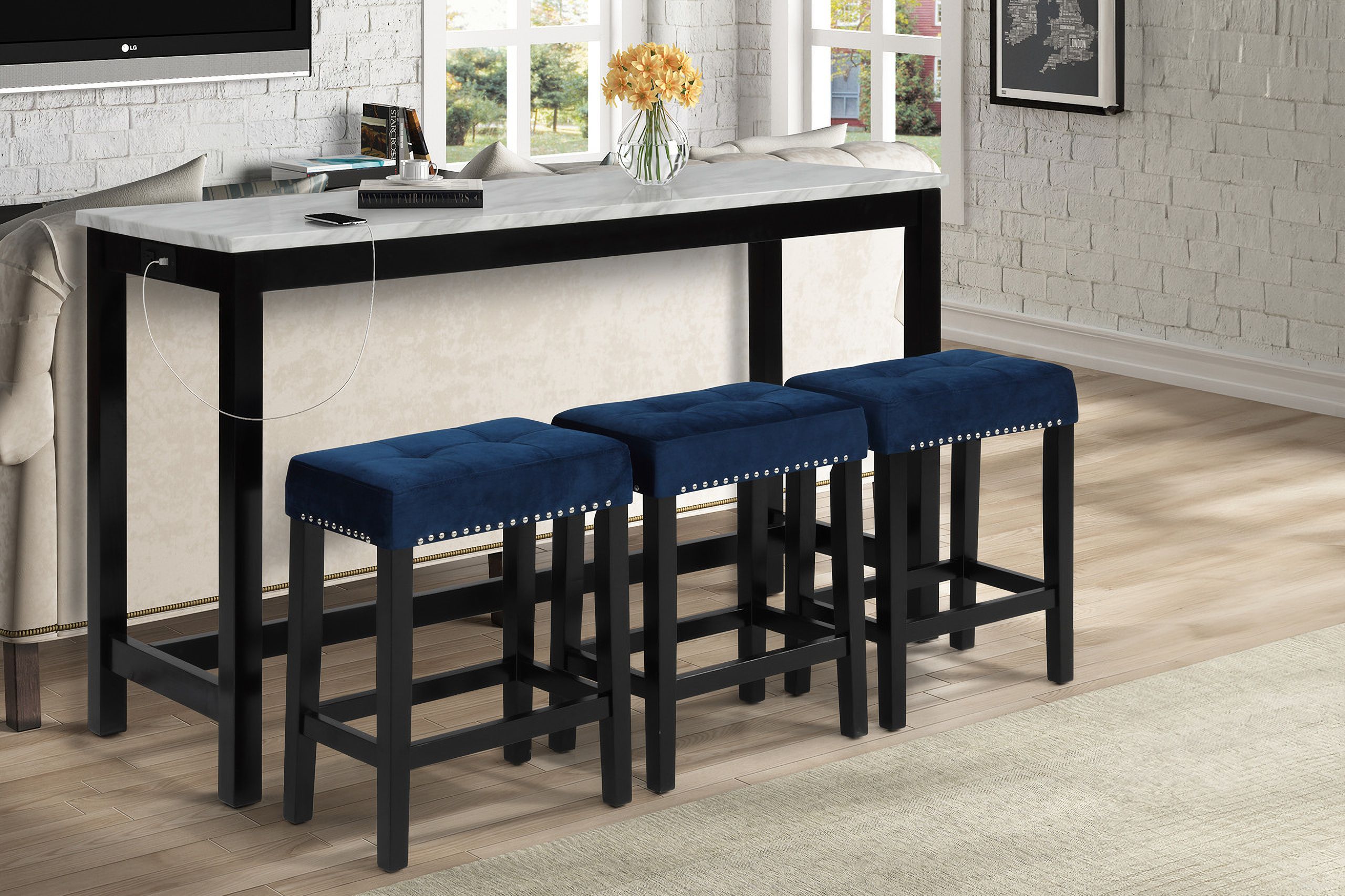 The appearance of Celeste Theater Bar Table with 3 Stools In Blue and Black designed by New Classic in the modern / contemporary interior design. This blue and black piece of furniture was selected by 1StopBedrooms from Celeste Collection to add a touch of cosiness and style into your home. Sku: D400-B3S-BLU. Material: Faux Marble.