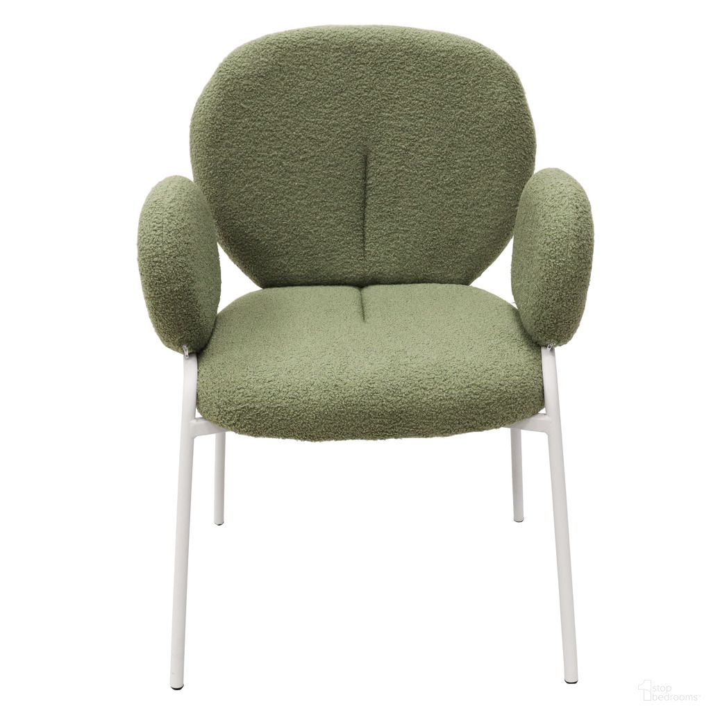 The appearance of Celestial Boucle Dining Arm Chair In White and Green designed by LeisureMod in the modern / contemporary interior design. This white and green piece of furniture was selected by 1StopBedrooms from Celestial Collection to add a touch of cosiness and style into your home. Sku: CCAW-23G. Chair Type: Arm Chair. Material: Boucle.