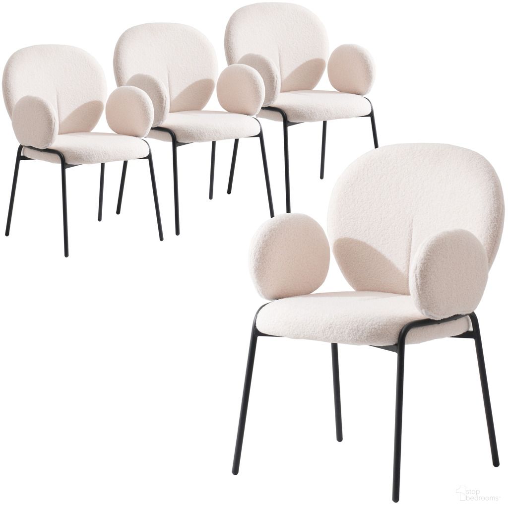 The appearance of Celestial Series Boucle Dining Arm Chair Set of 4 In Black Frame with White Fabric designed by LeisureMod in the modern / contemporary interior design. This white piece of furniture  was selected by 1StopBedrooms from Celestial Collection to add a touch of cosiness and style into your home. Sku: CCABL-23W4. Chair Type: Arm Chair. Material: Boucle Fabric.
