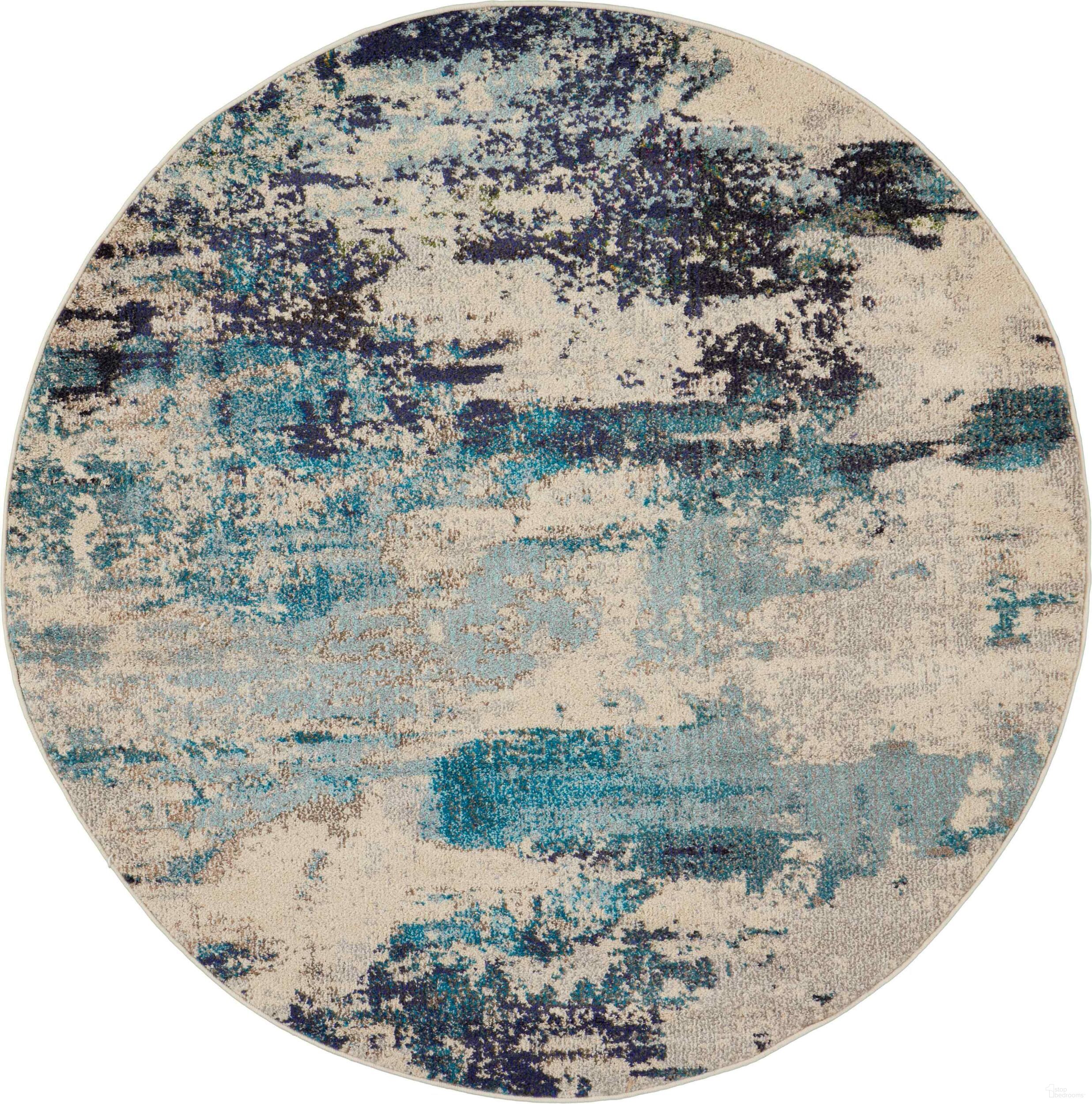 Celestial Ivory and Teal Blue 4' x 4' Round Area Rug