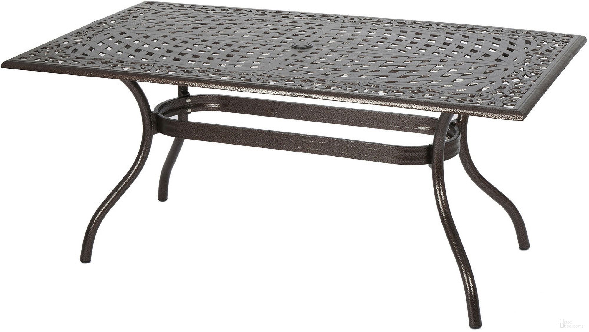 The appearance of Celestine Outdoor Cast Aluminum Dining Table with Floral Lattice Design and Umbrella Holder In Bronze designed by Noble House in the traditional interior design. This bronze piece of furniture  was selected by 1StopBedrooms from Celestine Collection to add a touch of cosiness and style into your home. Sku: 57704.00. Table Base Style: Trestle. Material: Aluminum. Table Top Shape: Rectangular.