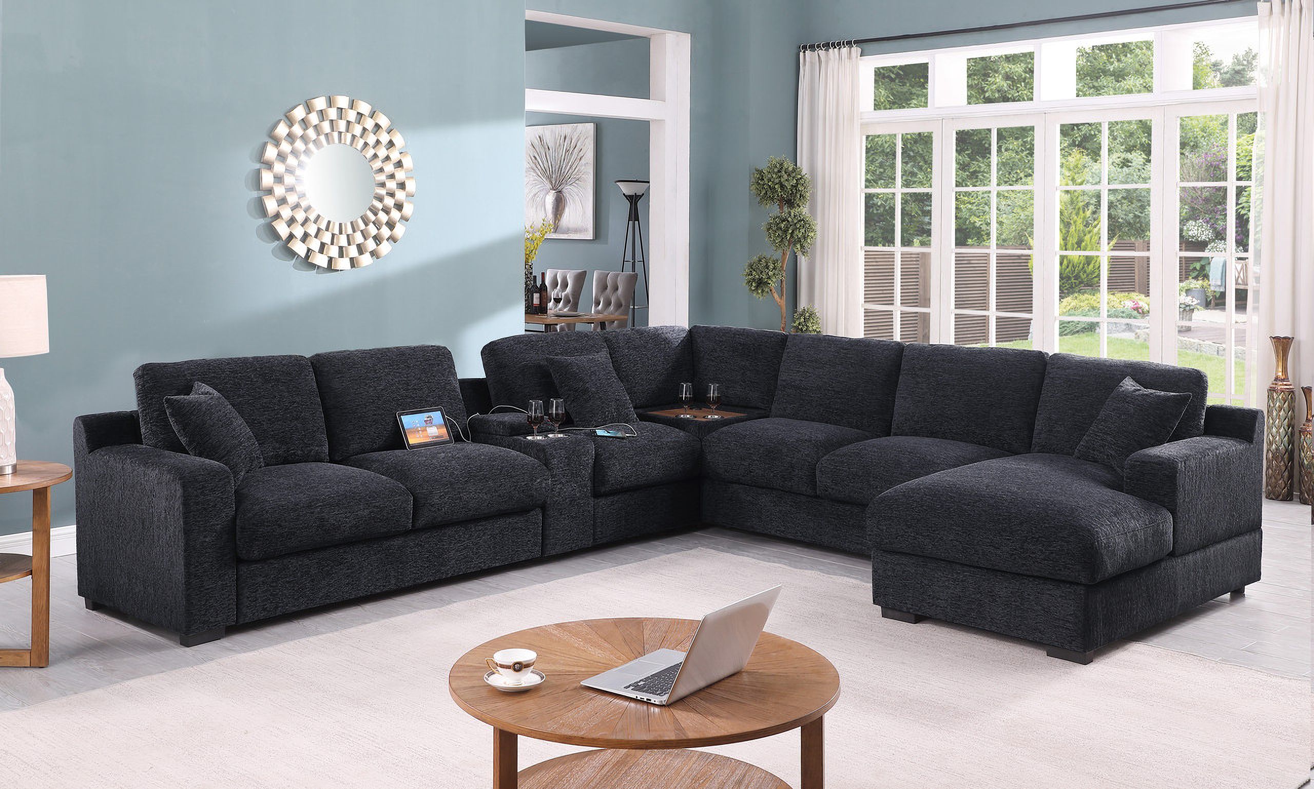Celine 141.5 Inch Chenille Fabric Corner Sectional Sofa with Right Facing Chaise In Dark Gray