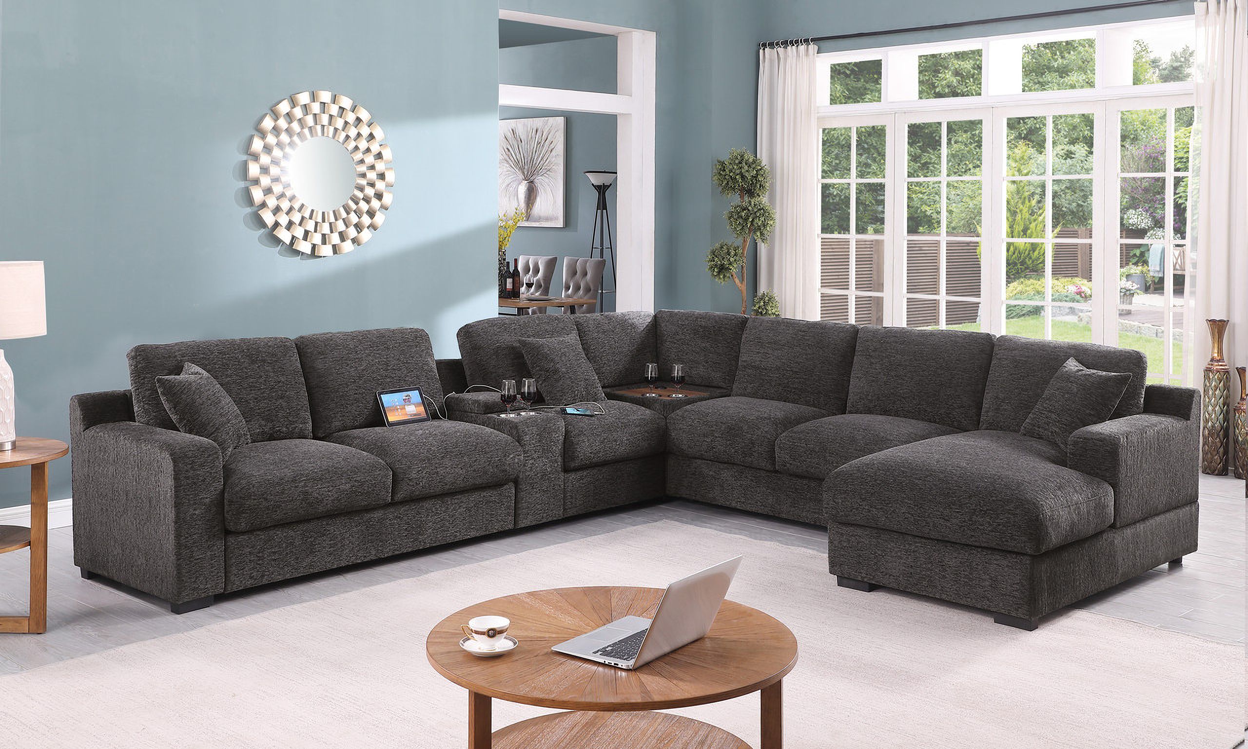 Celine 141.5 Inch Chenille Fabric Corner Sectional Sofa with Right Facing Chaise In Gray