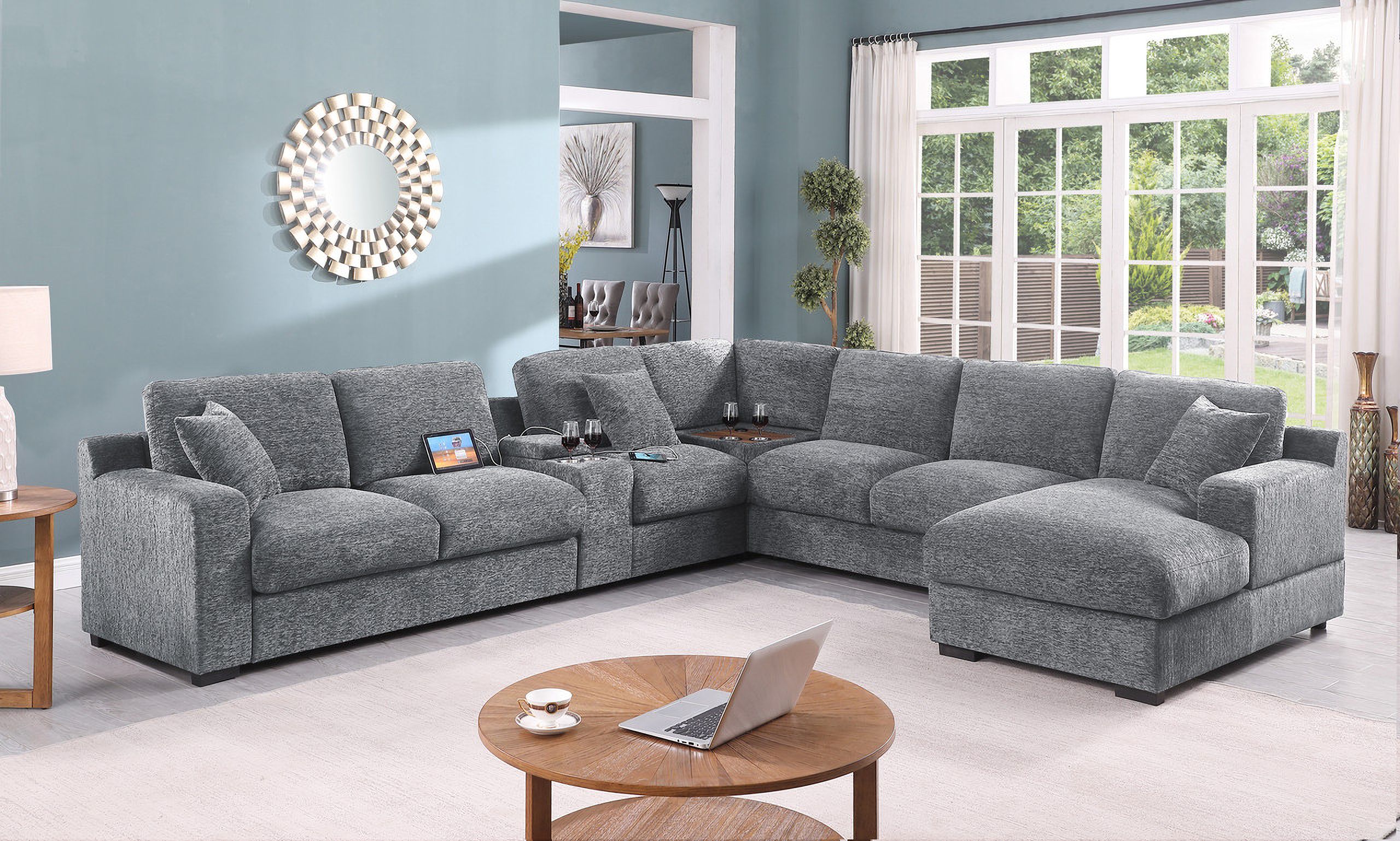 Celine 141.5 Inch Chenille Fabric Corner Sectional Sofa with Right Facing Chaise In Light Gray
