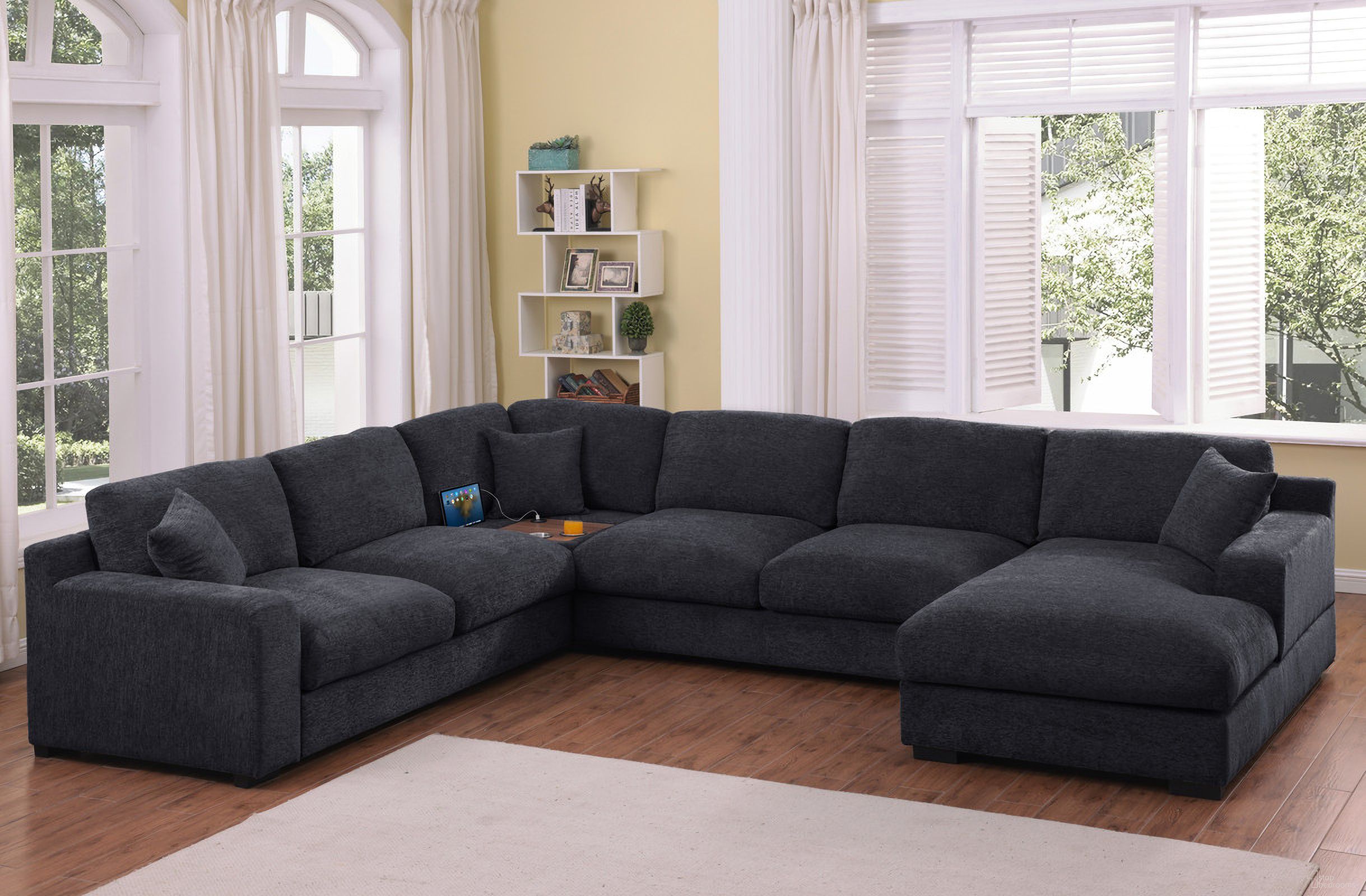 The appearance of Celine Chenille Fabric Right-Facing Chaise Corner Sectional Sofa with Cupholders and Charging Ports In Charcoal designed by Lilola Home in the modern / contemporary interior design. This charcoal piece of furniture was selected by 1StopBedrooms from Celine Collection to add a touch of cosiness and style into your home. Sku: 89295-LL;89295-C;89295-CH;89295-L;89295-ARM. Material: Chenille.