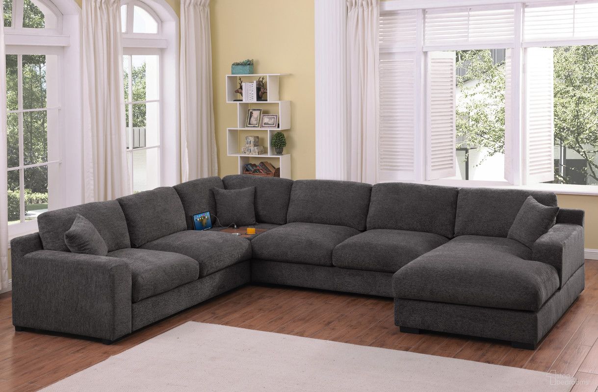 Celine Chenille Fabric Right-Facing Chaise Corner Sectional Sofa with Cupholders and Charging Ports In Gray