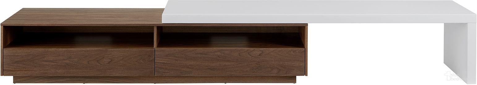 The appearance of Celine Entertainment Center In White Matte Painted Top And Walnut Veneer Bottom Unit designed by Casabianca Home in the modern / contemporary interior design. This white piece of furniture was selected by 1StopBedrooms from Celine Collection to add a touch of cosiness and style into your home. Sku: CB-C1500WAL. Material: MDF.