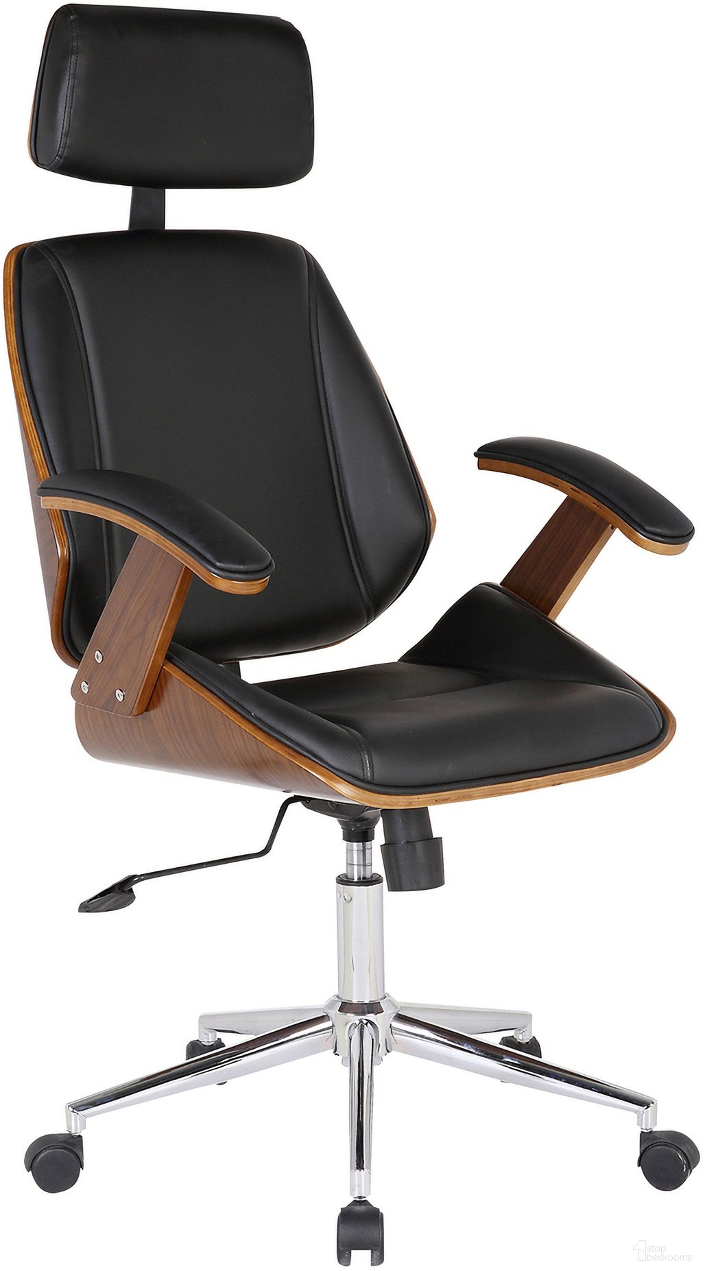 Century Office Chair with Multifunctional Mechanism In Chrome Finish with Black Faux Leather and Walnut Veneer Back
