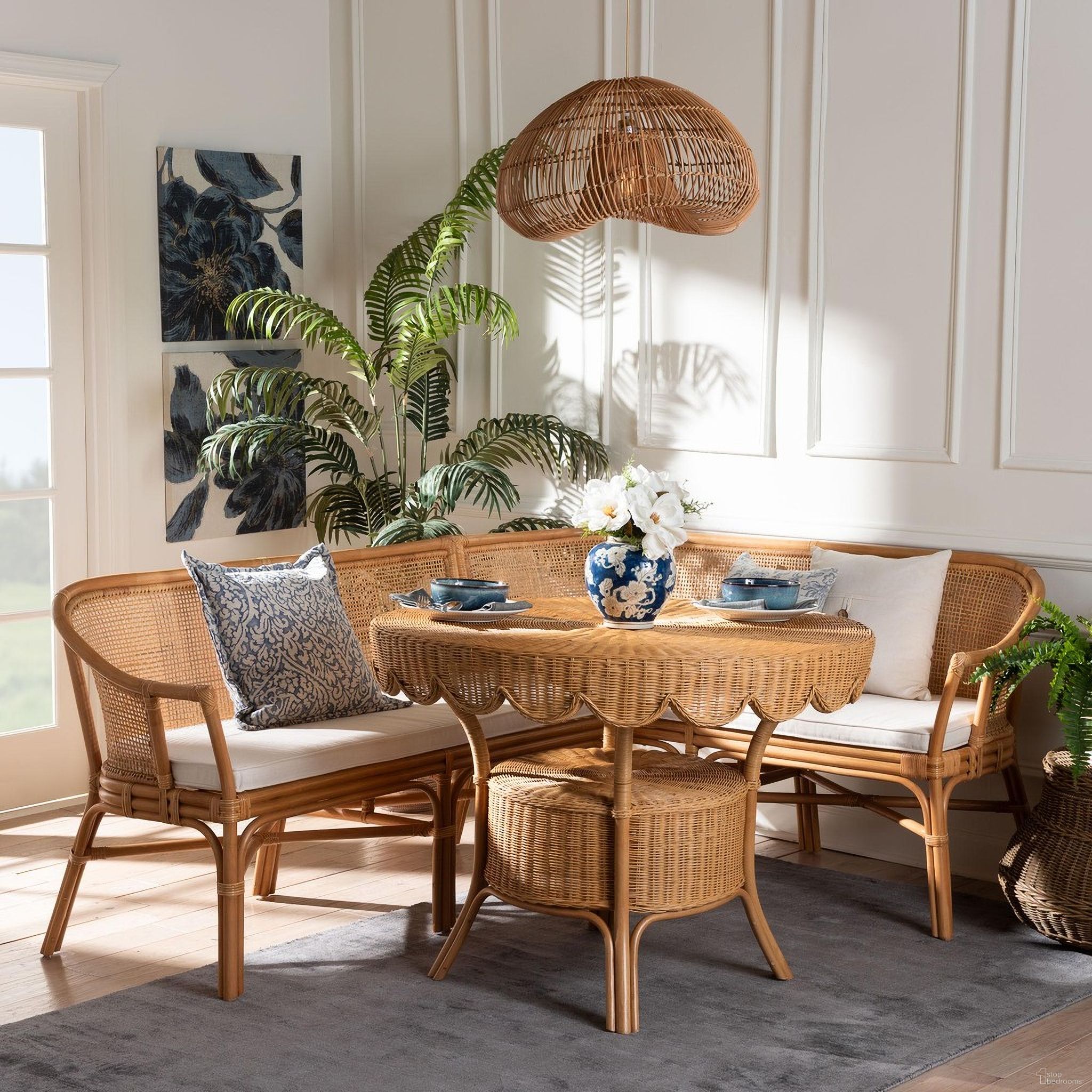 Ceona 3-Piece Natural Rattan Dining Nook Set In Honey