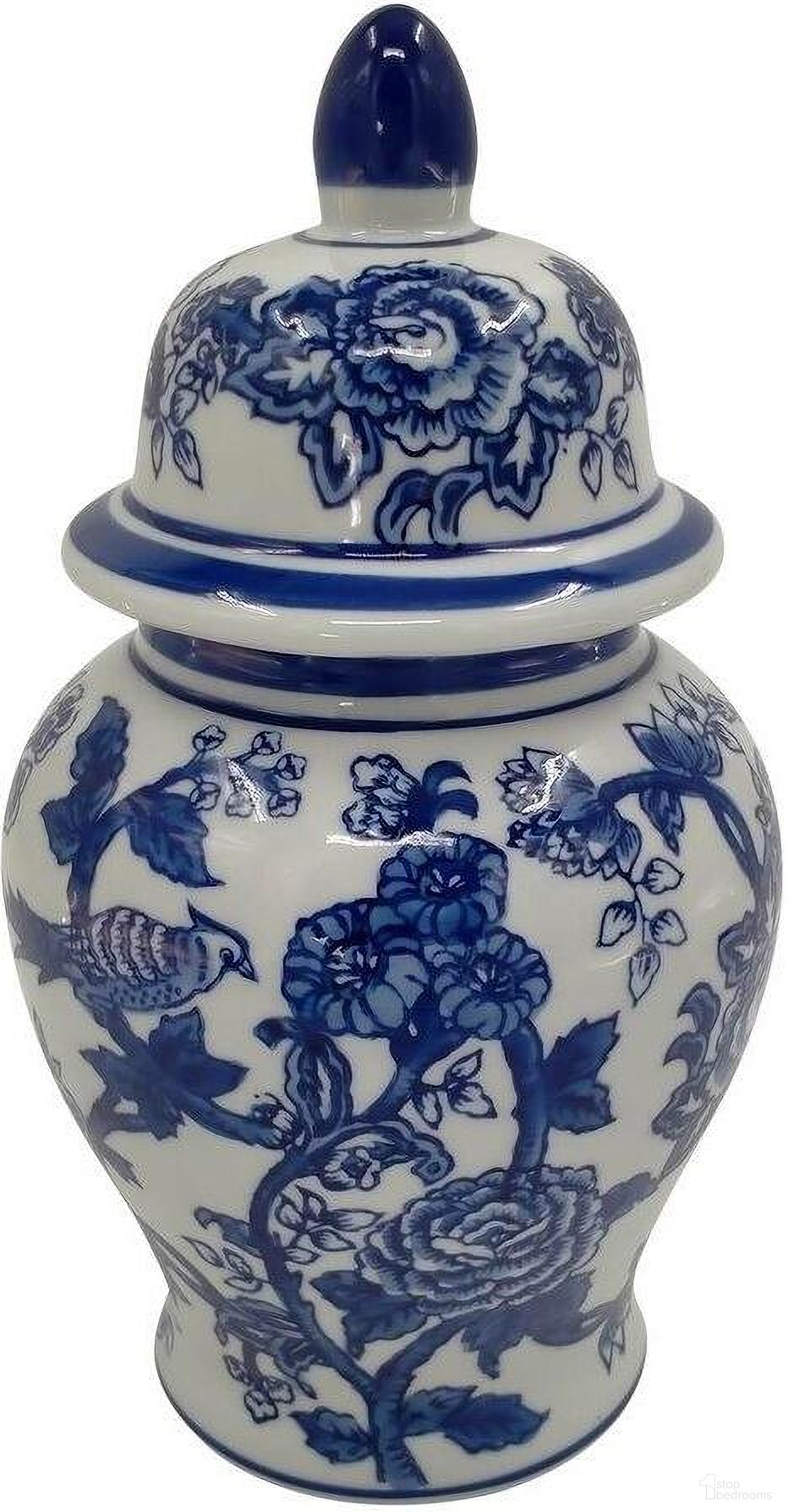 Ceramic 10 Inch Temple Bird And Flower Jar In Blue